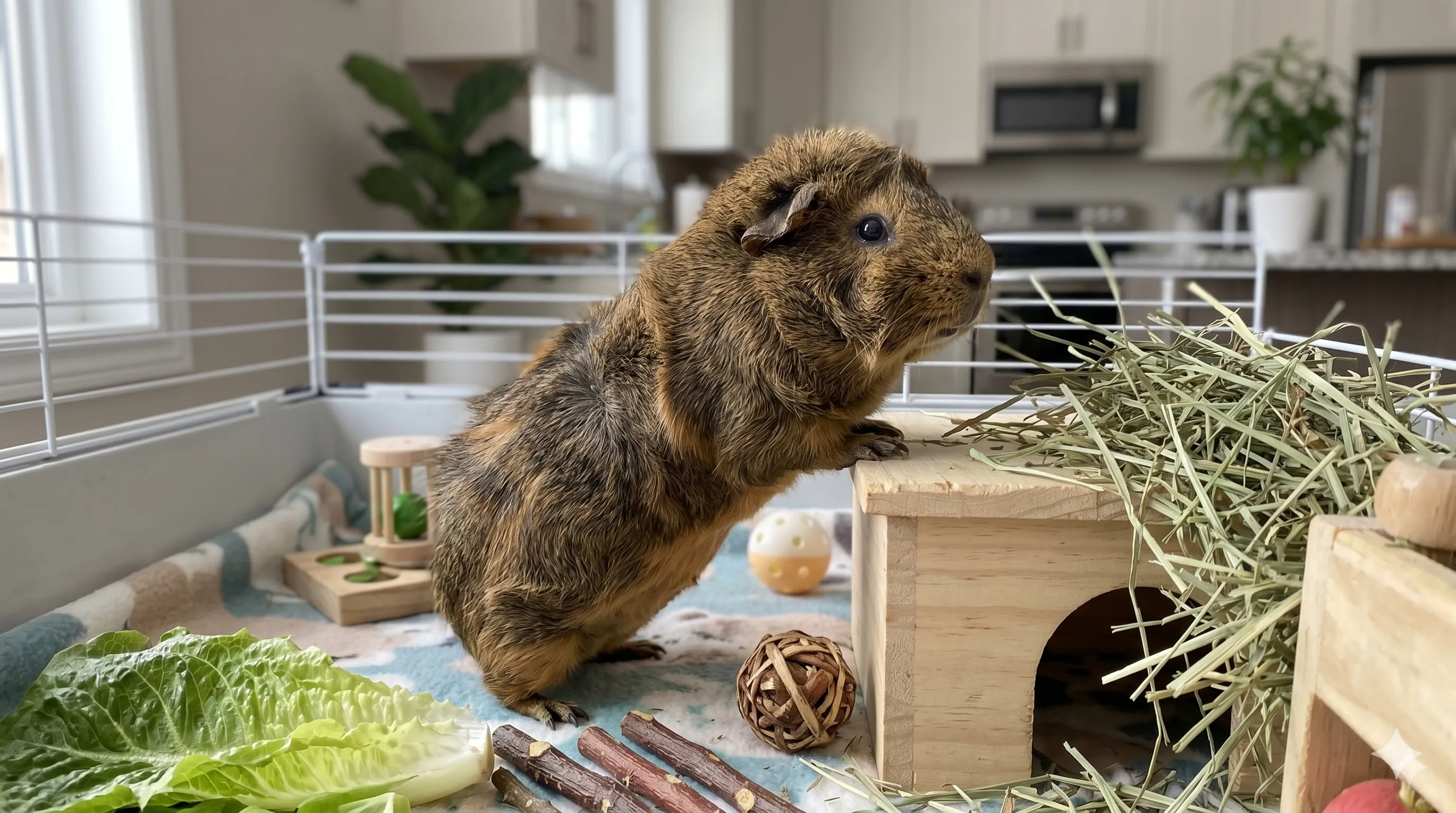 An Abyssinian guinea pig with a spiky rosette coat sitting on fleece bedding