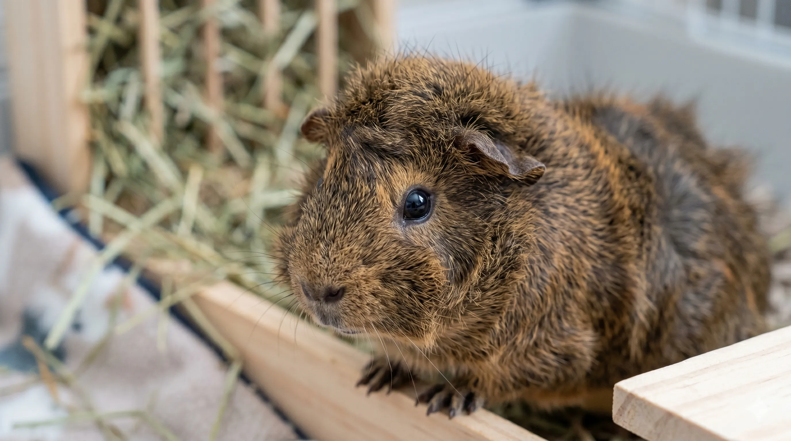 Close up of an Abyssinian guinea pig's whorled rosette coat pattern