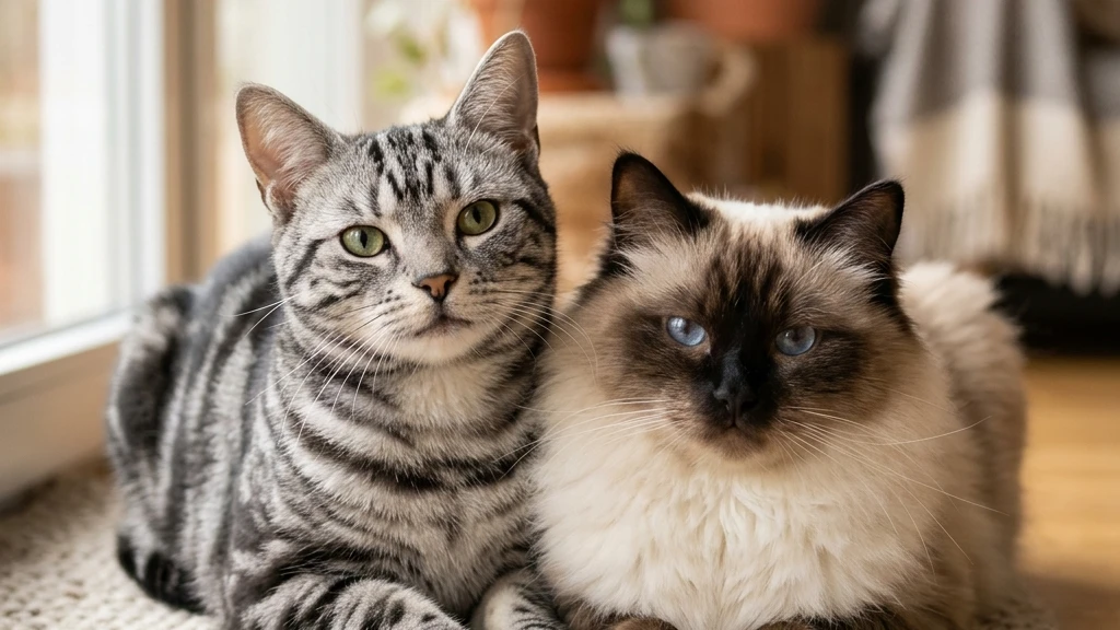 american-shorthair-and-ragdoll-cats-beginner-breeds-image-1 American Shorthair and Ragdoll cats sitting calmly together indoors