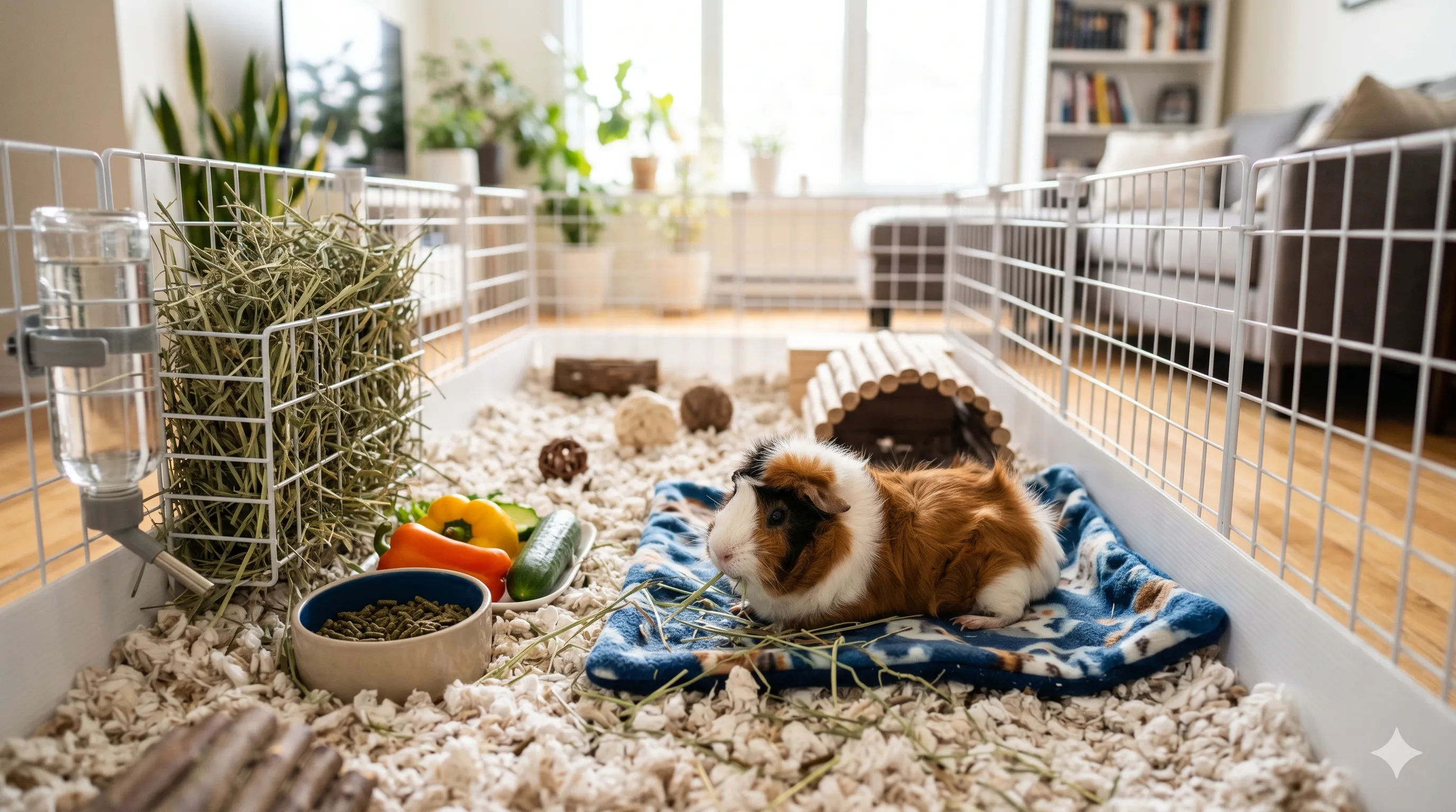 Guinea pig relaxing on soft safe bedding inside a clean comfortable indoor habitat