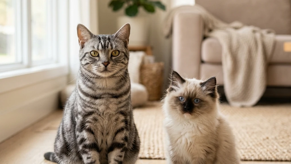 Calm American Shorthair cat sitting beside a Ragdoll kitten indoors