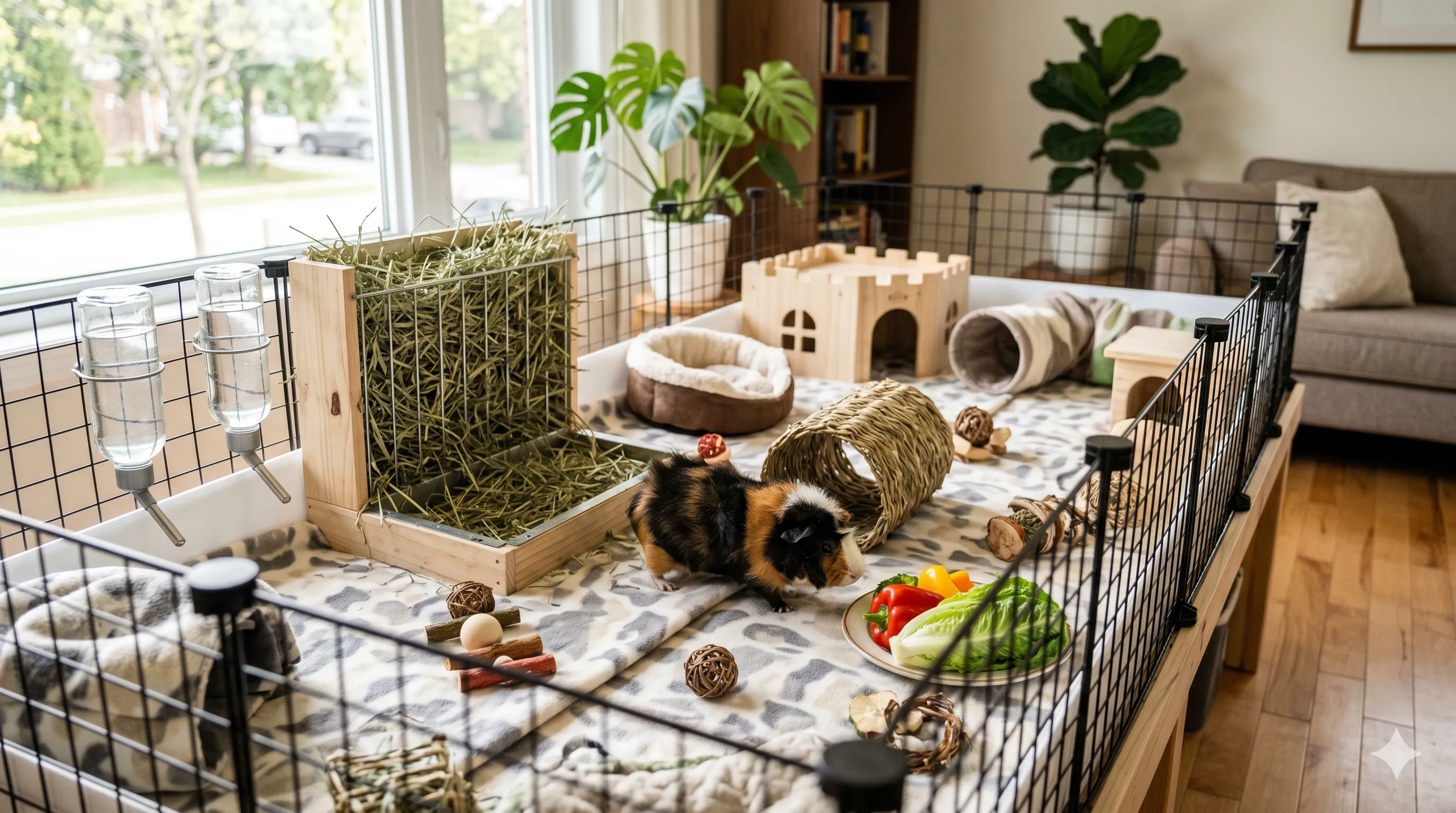 Spacious guinea pig cage setup showing recommended minimum space requirements for healthy living