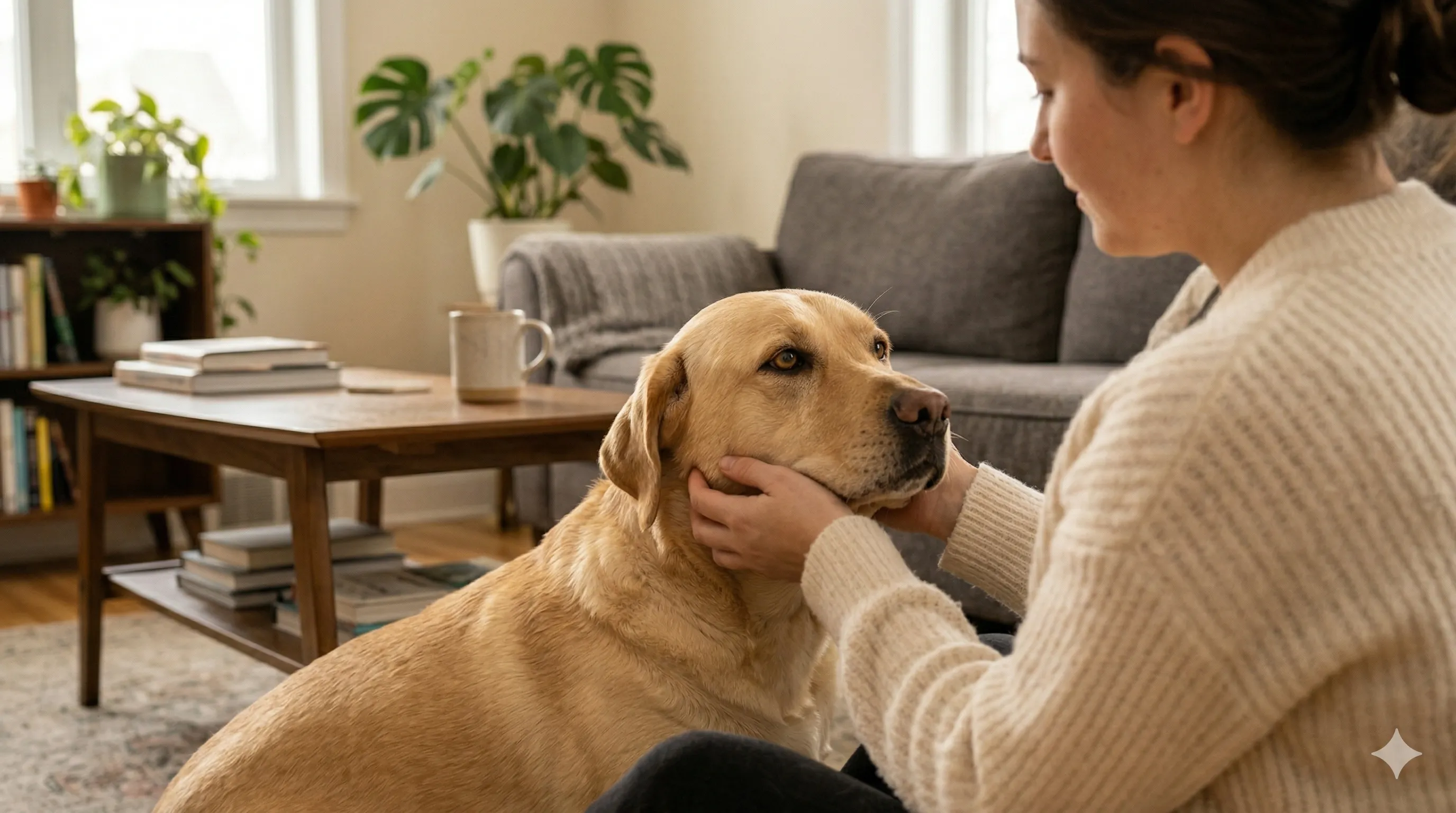 owner calming anxious dog at home