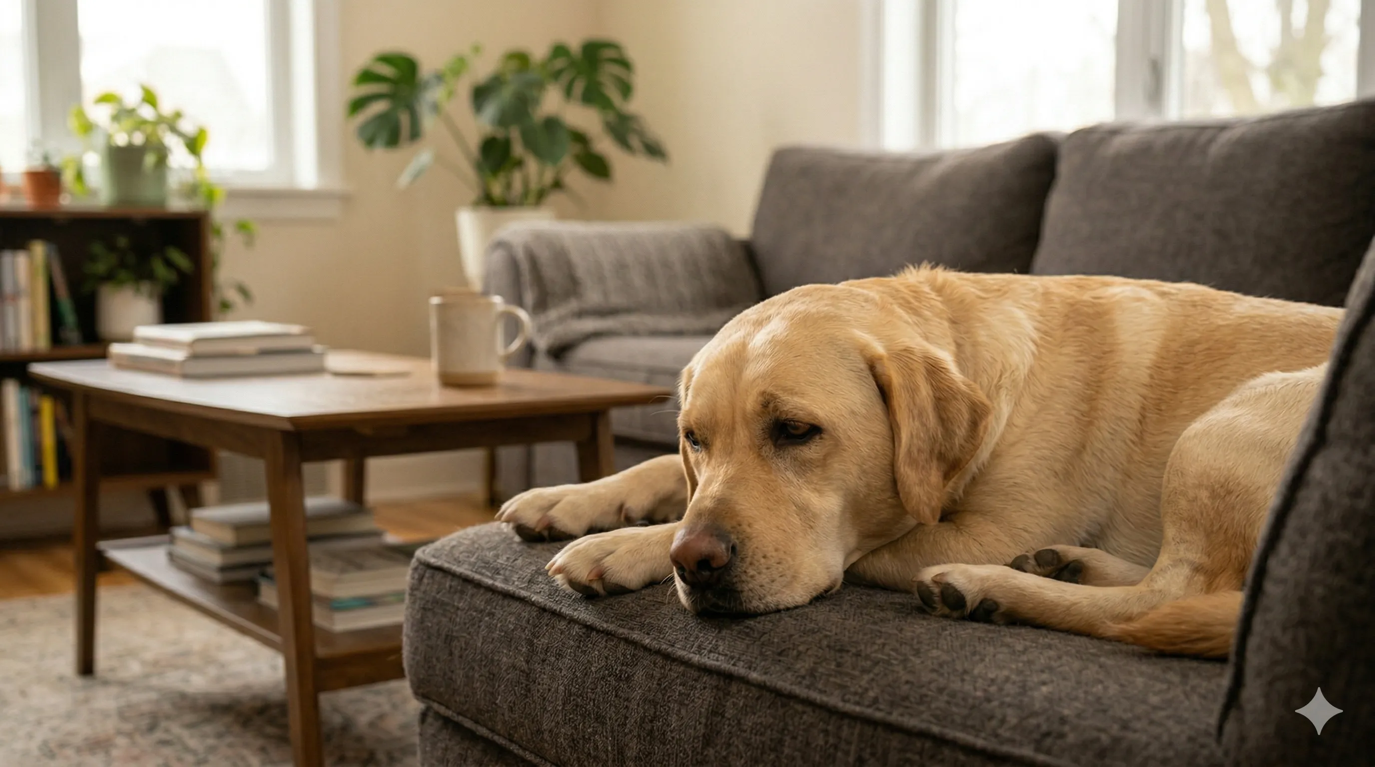 calm relaxed dog resting comfortably at home