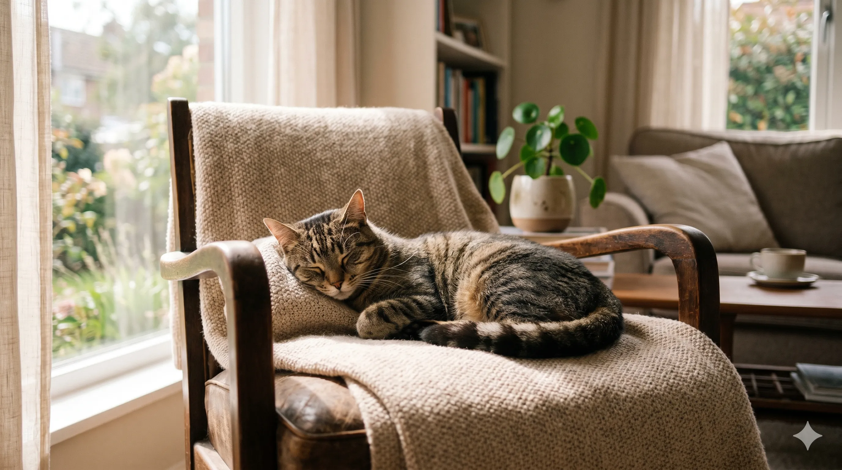 Calm and relaxed cat resting quietly after needs are addressed