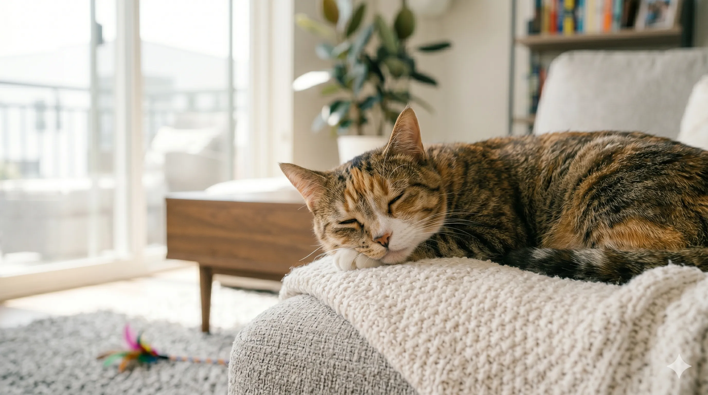 Calm and relaxed cat resting after playful interaction with owner