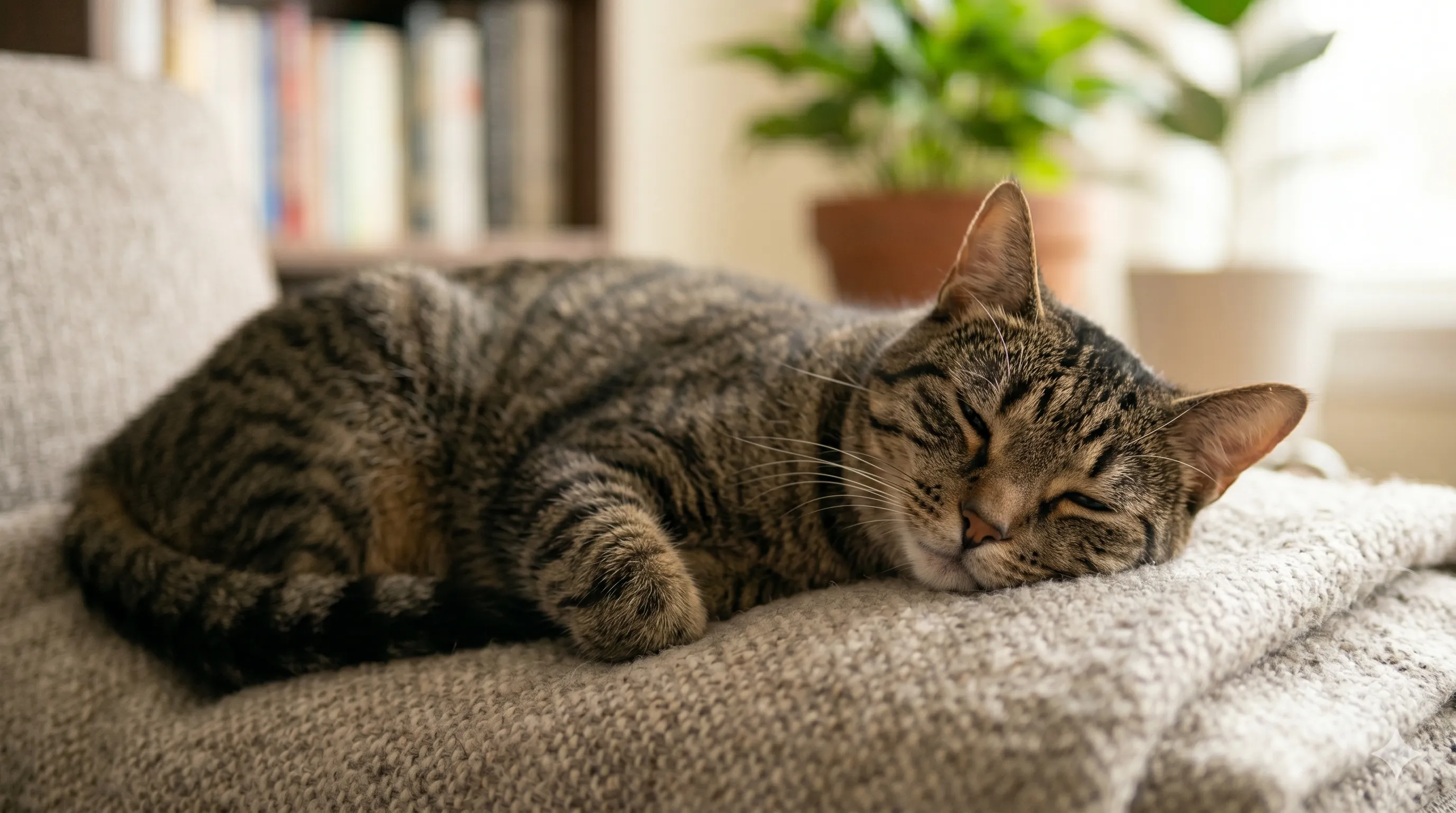 Calm and relaxed cat after interacting with owner and receiving attention