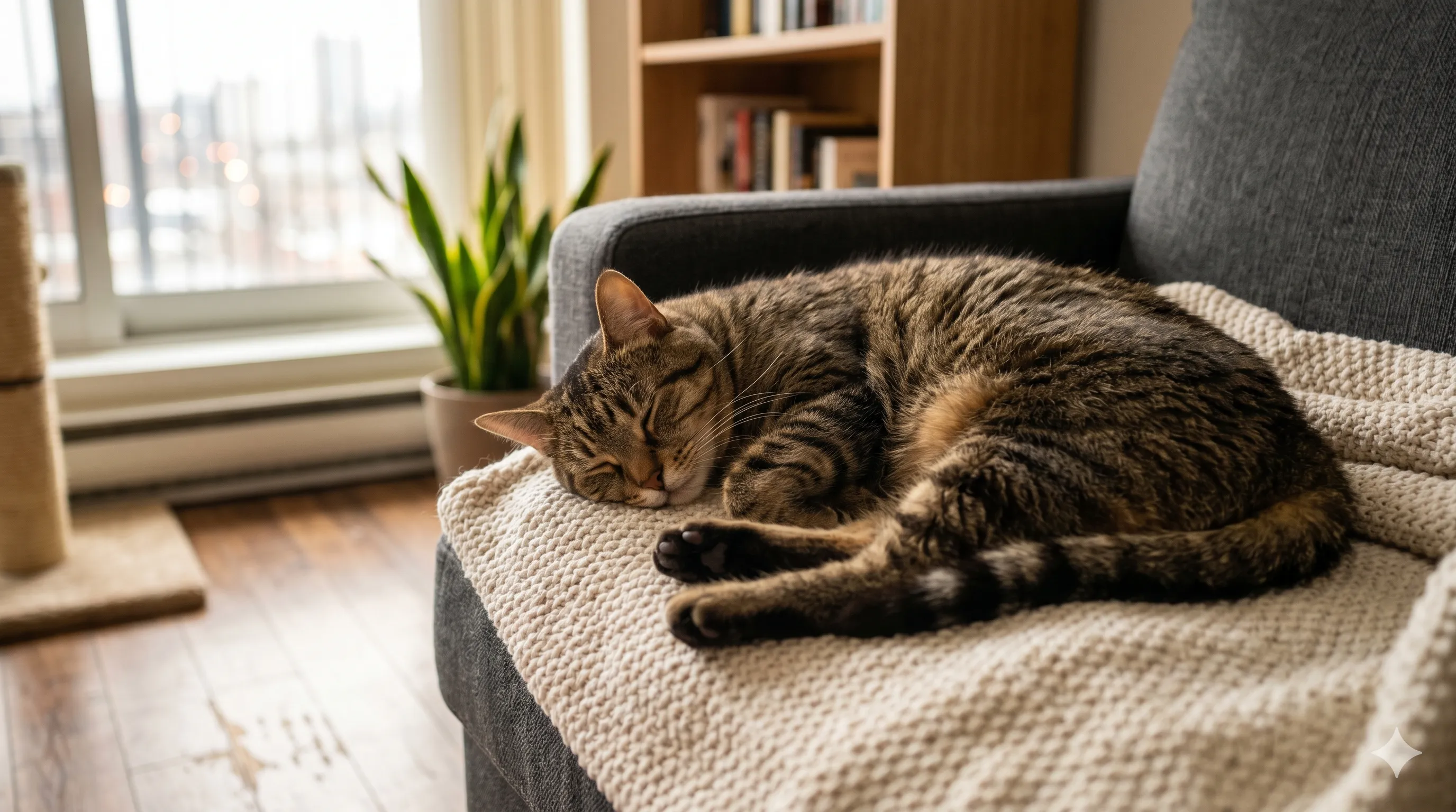 Calm cat resting peacefully after zoomies and energy release