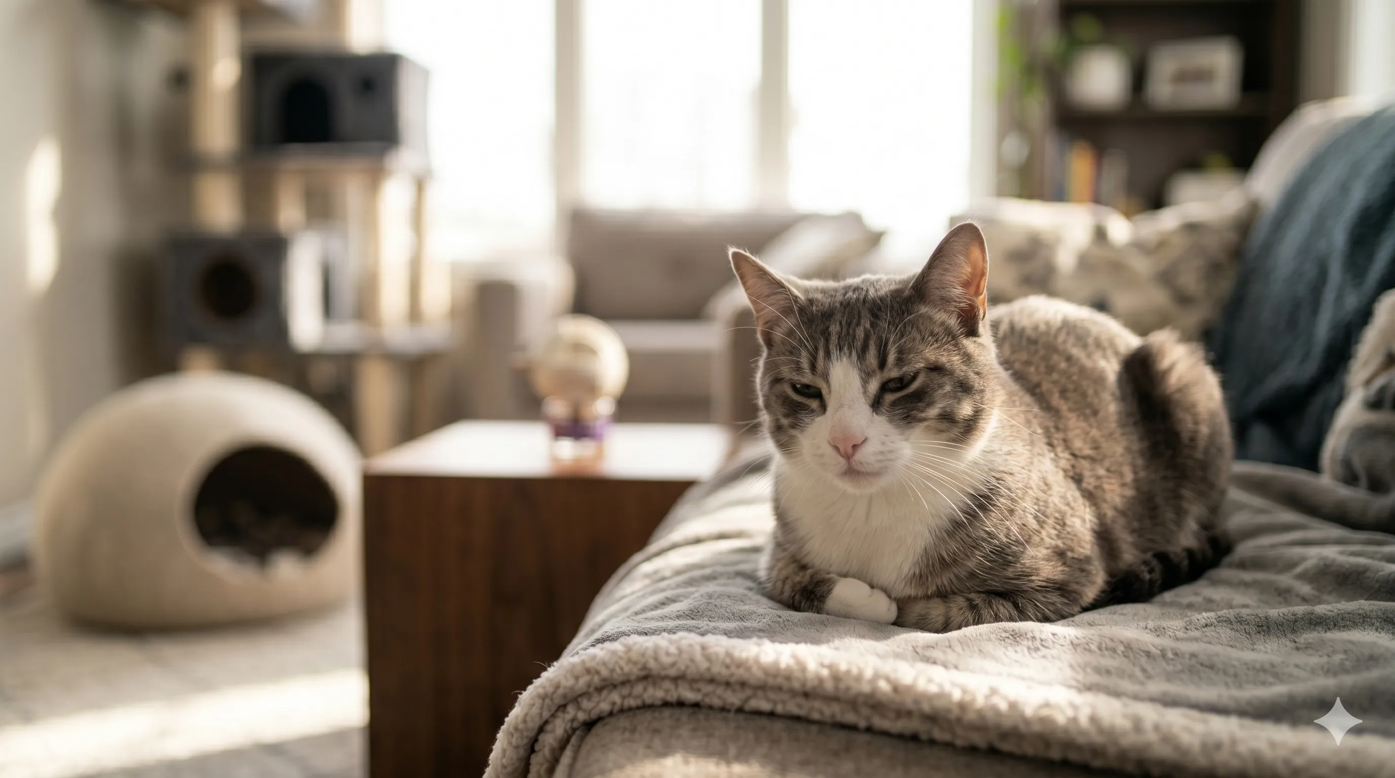 Calm cat relaxed in a safe and comfortable home environment