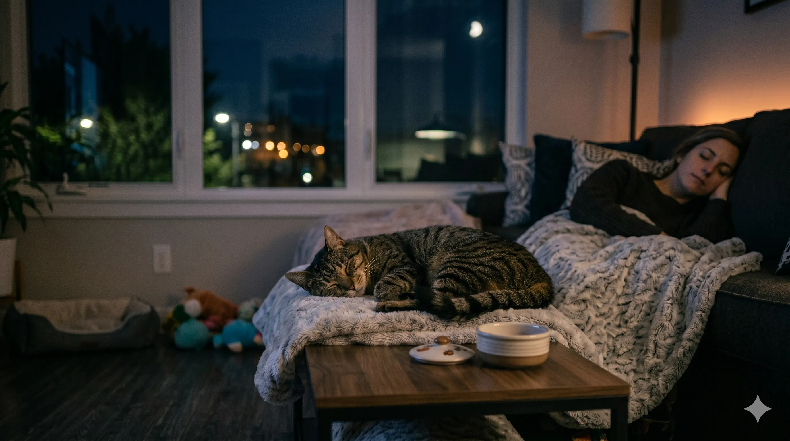 Calm cat sleeping peacefully at night after resolving meowing behavior