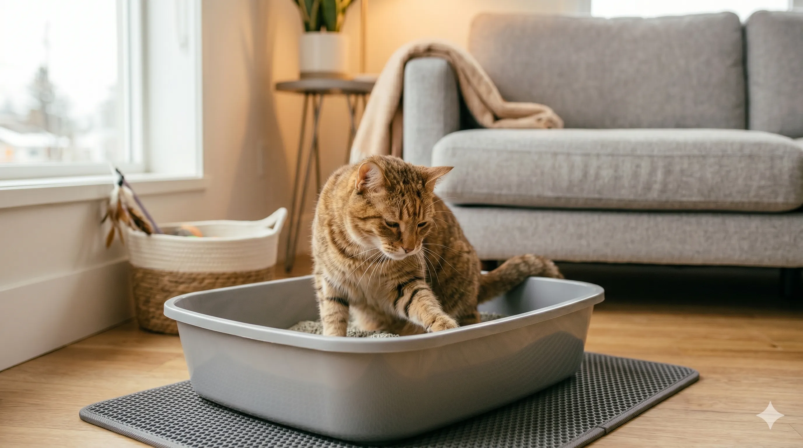 Calm cat successfully using litter box after proper training