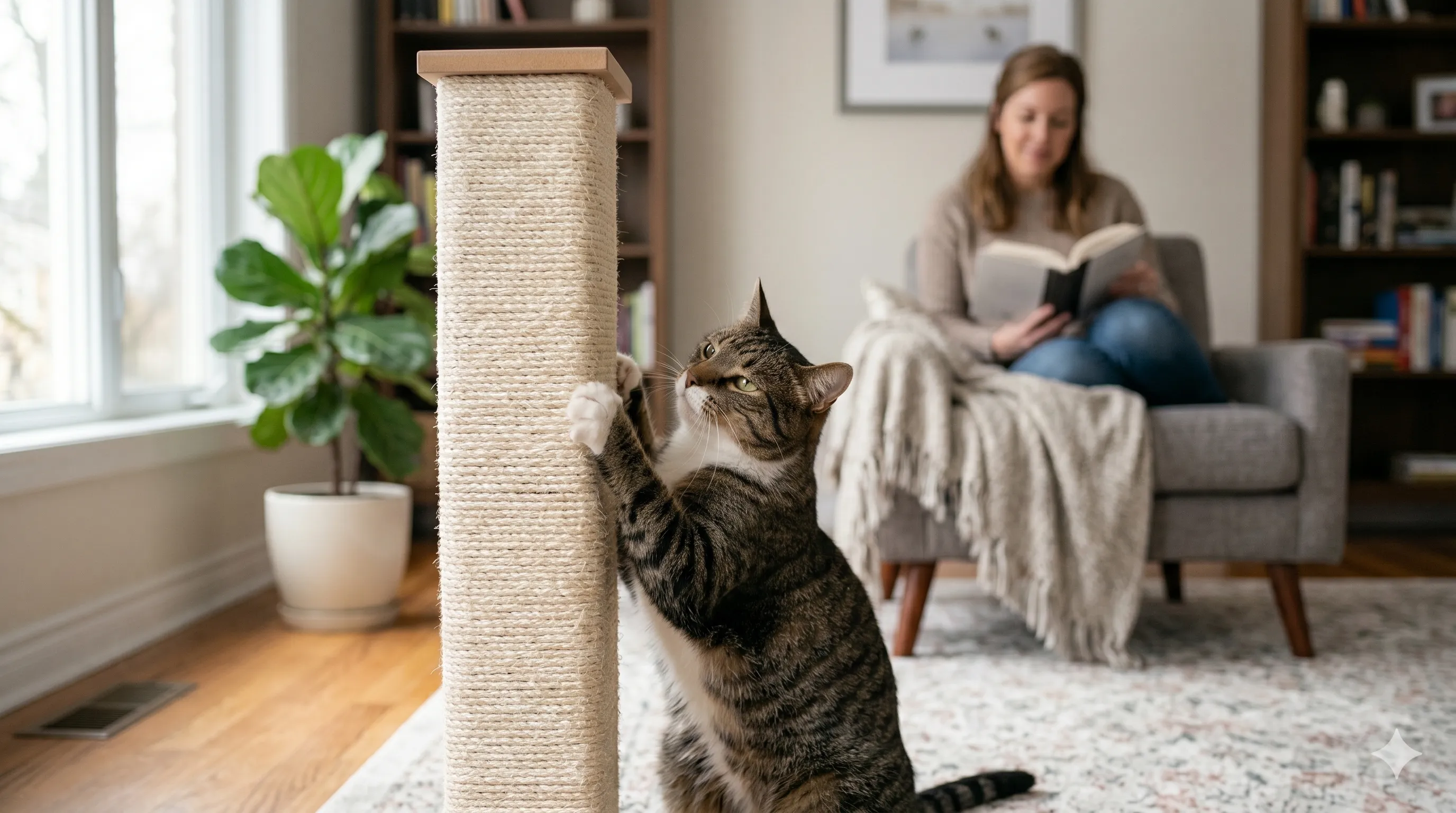 Calm cat using scratching post instead of furniture after training