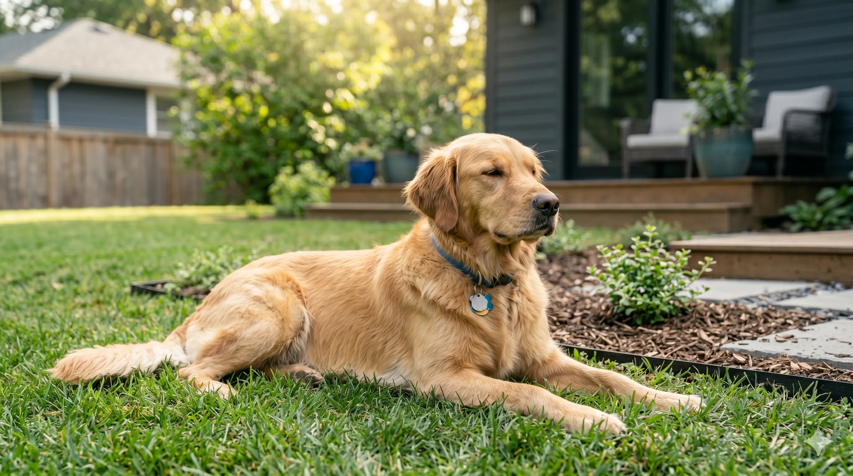 Calm dog relaxed in backyard after stopping destructive digging behavior