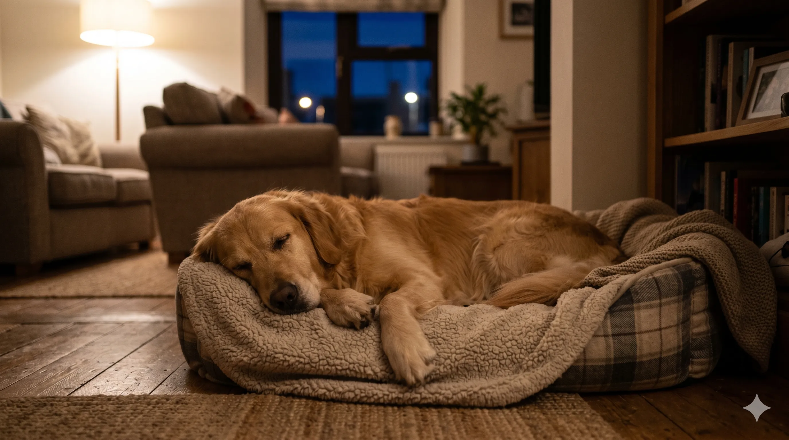 Calm dog sleeping peacefully at night after barking issue is resolved