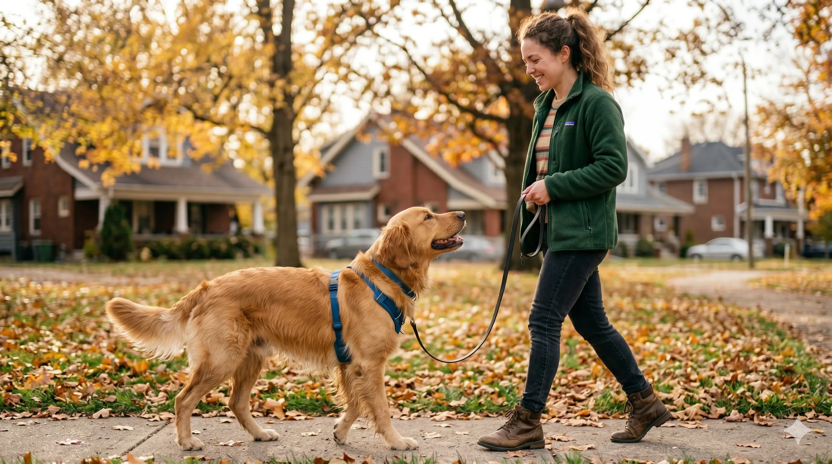 Calm dog walking beside owner with loose leash after training