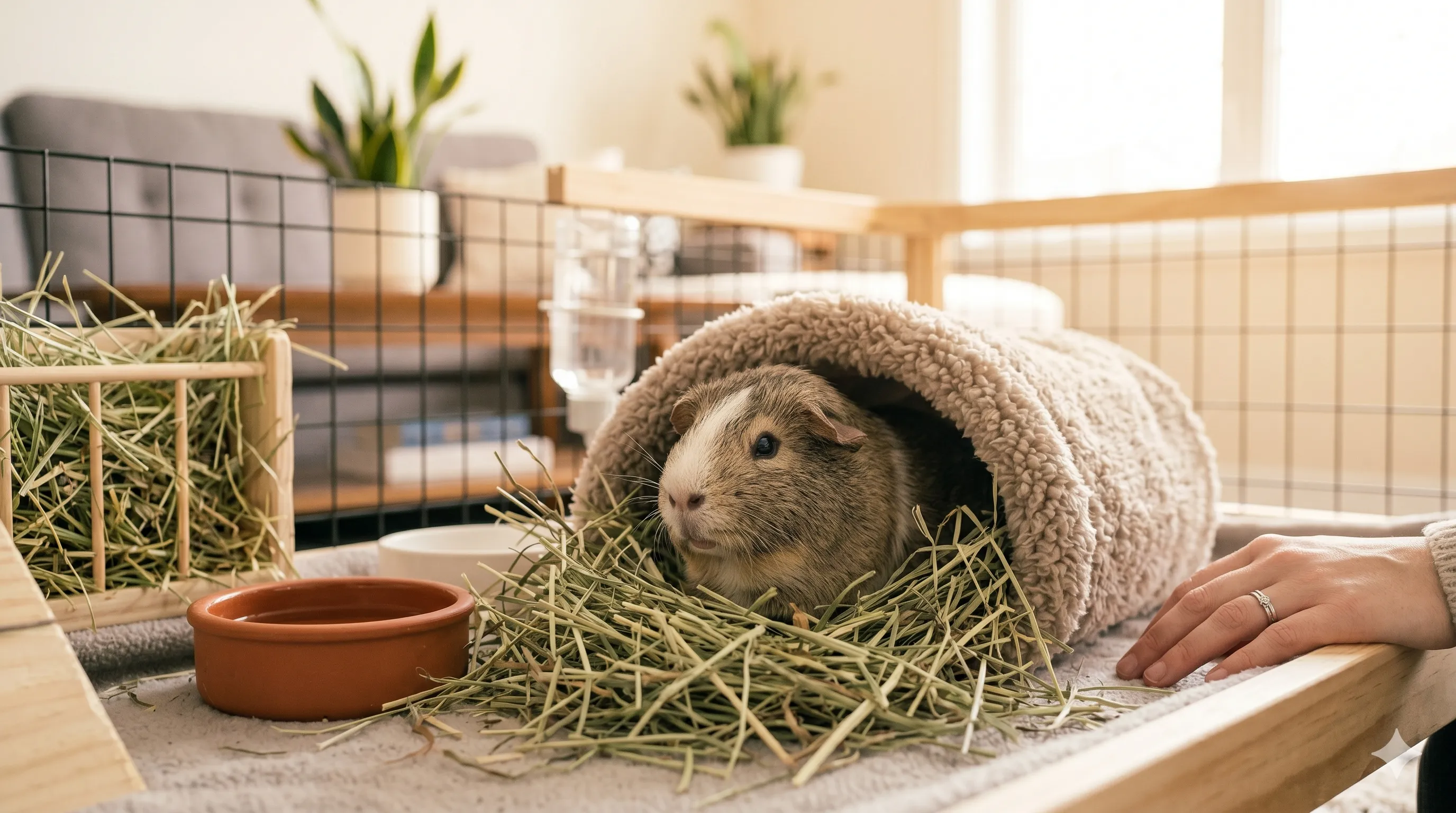 calm-guinea-pig-after-stress-reduction-image-3 Calm guinea pig relaxing comfortably after feeling safe and stress-free indoors
