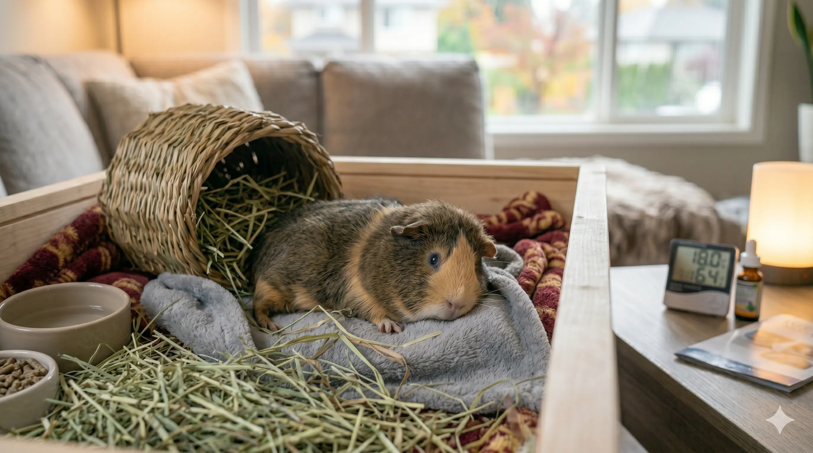 Calm guinea pig relaxing comfortably after feeling warm safe and stress-free indoors