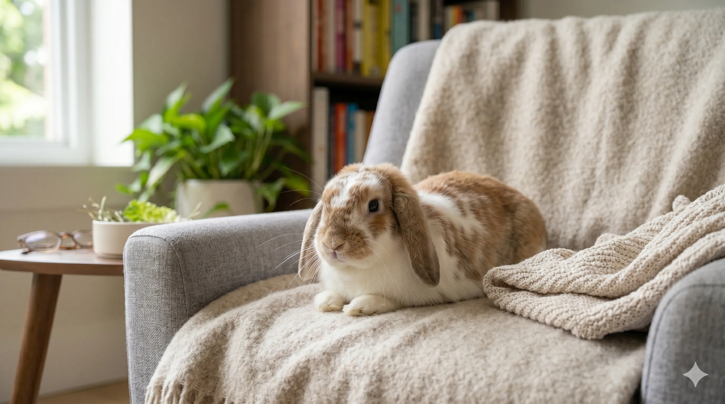 Calm pet rabbit resting comfortably in a beginner-friendly indoor environment