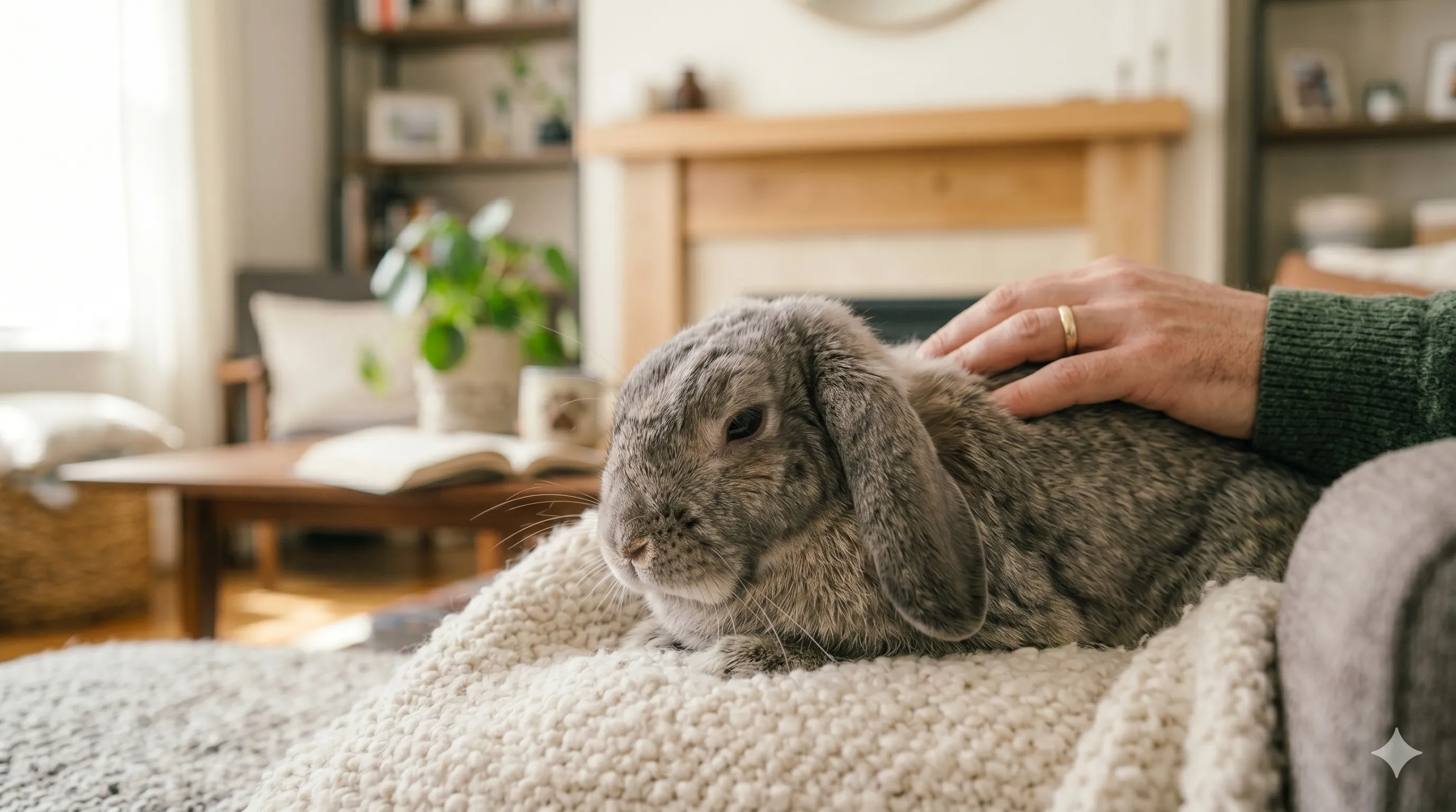 Calm rabbit relaxed comfortably after interaction and bonding with owner