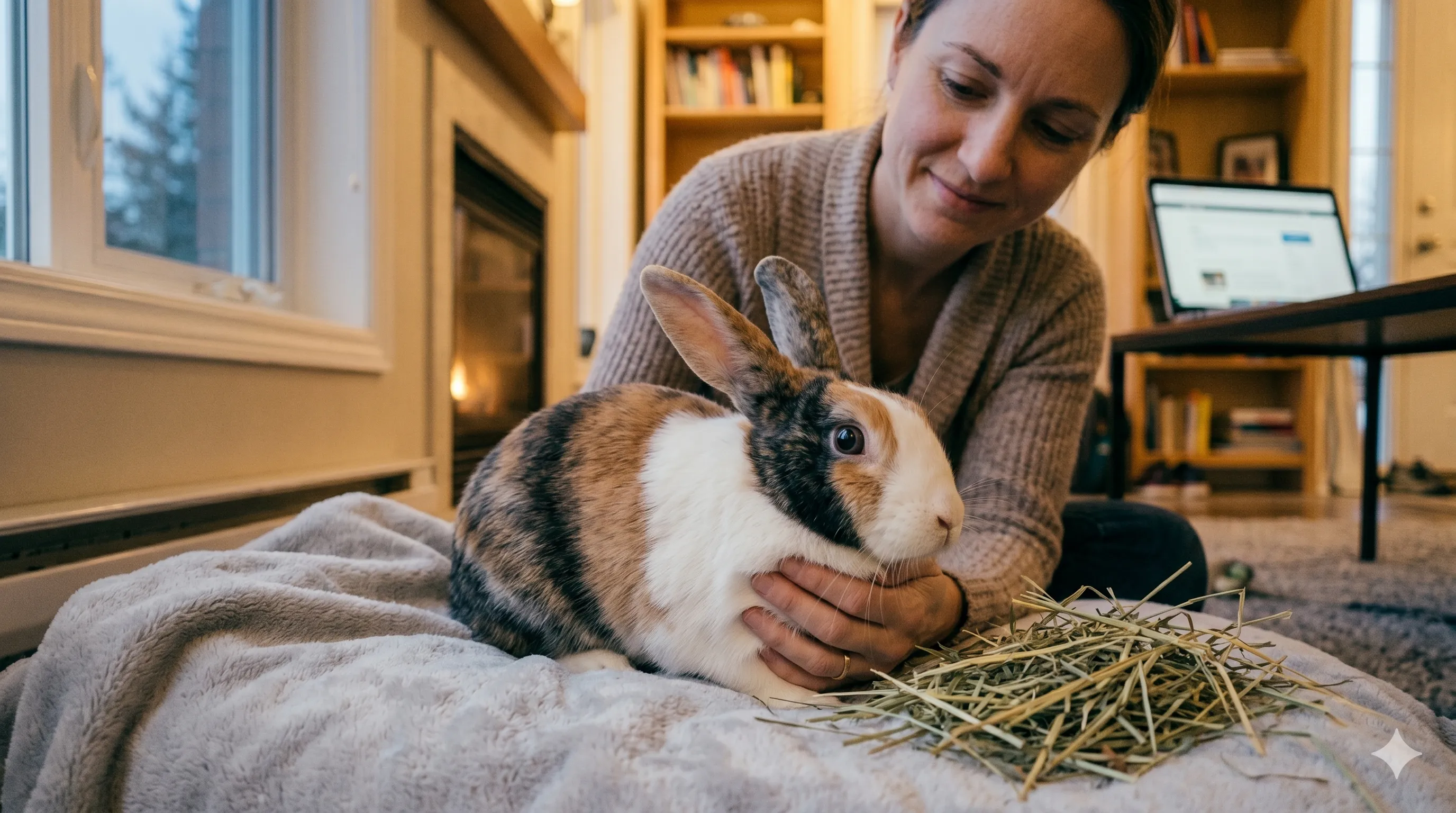 Calm rabbit relaxing comfortably after stress reduction and feeling safe indoors
