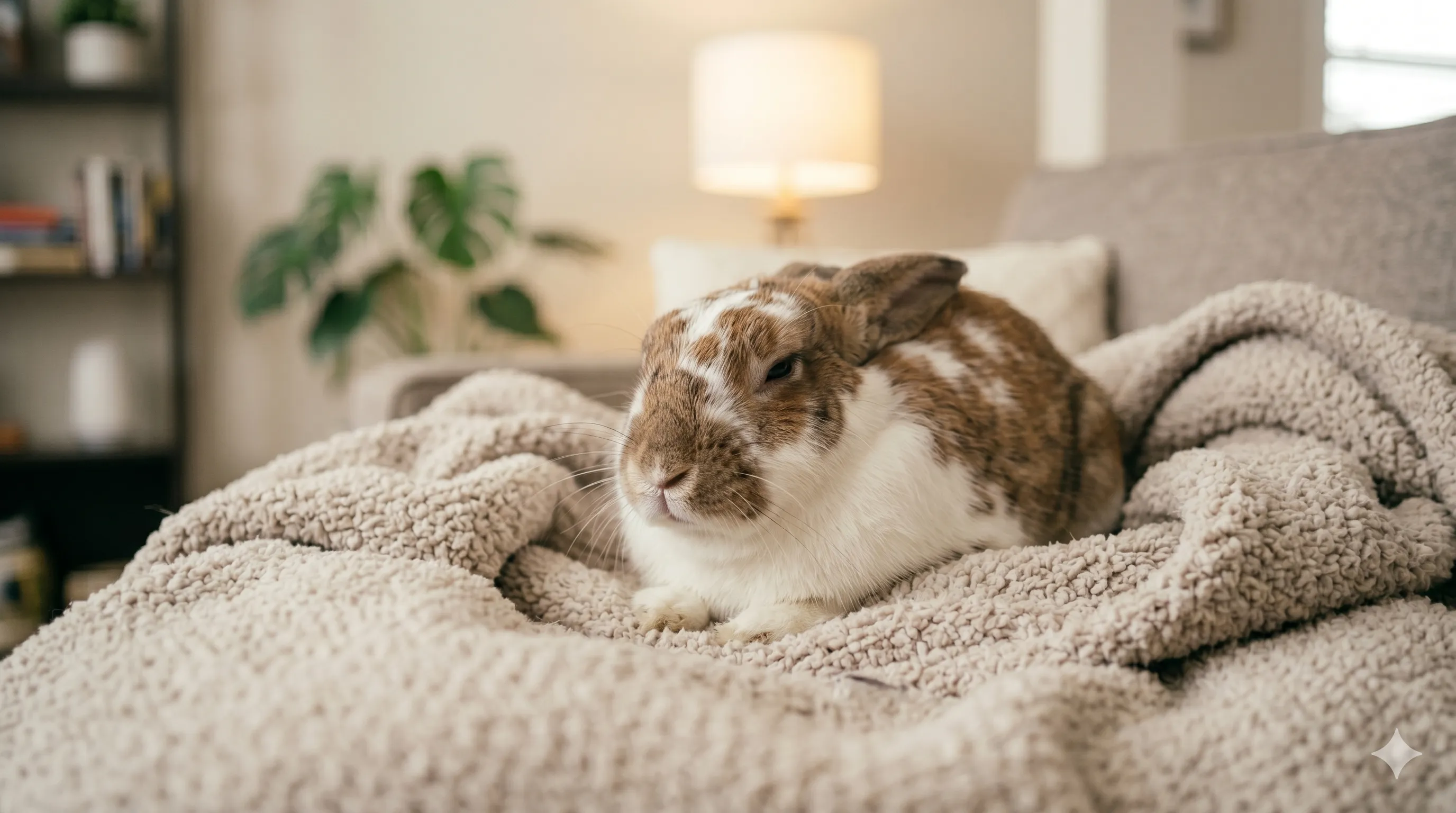 calm-rabbit-resting-after-digging-play-image-3 Calm rabbit relaxing comfortably after playful digging interaction with owner