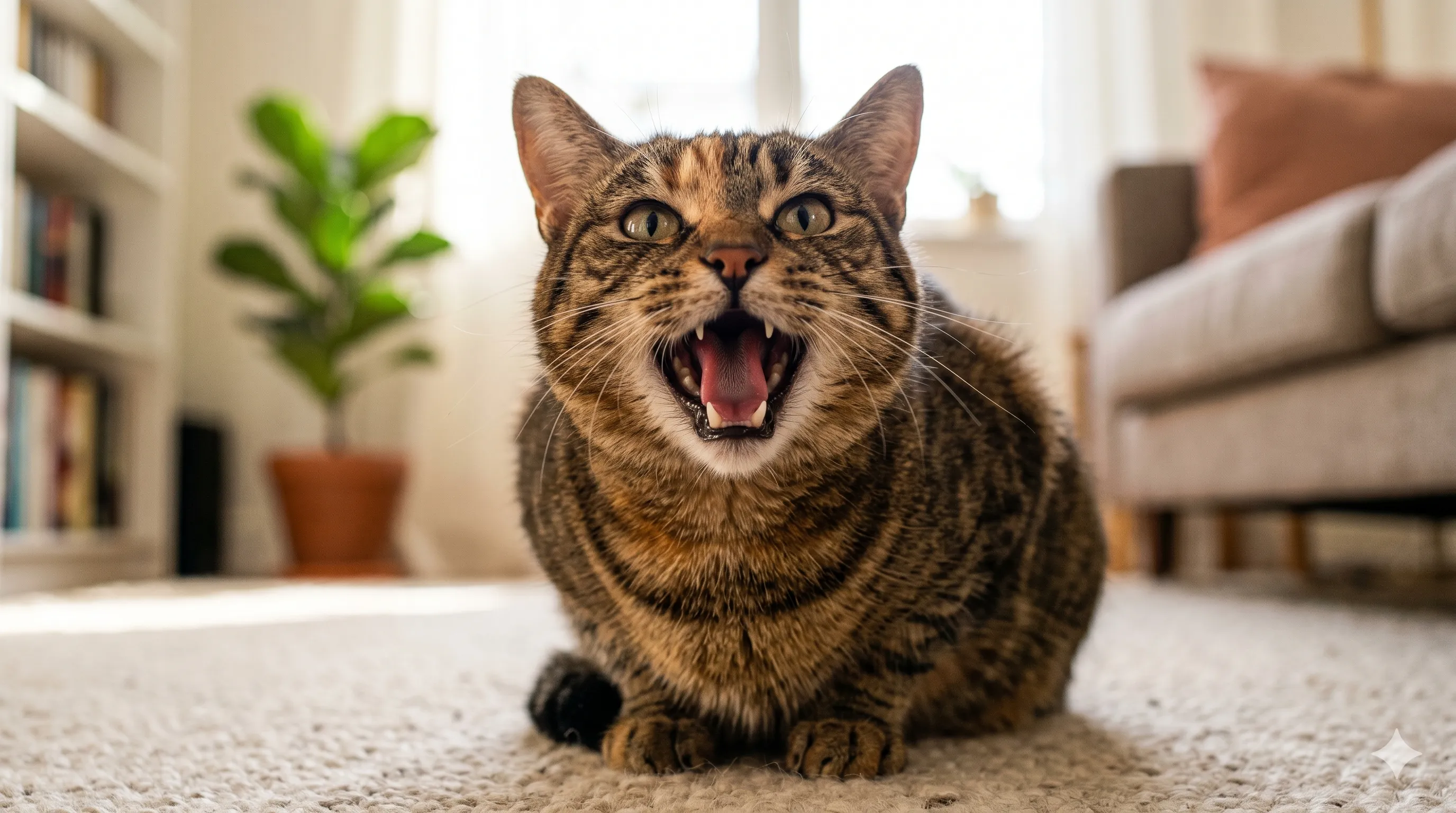 Close-up of cat meowing with expressive face and open mouth