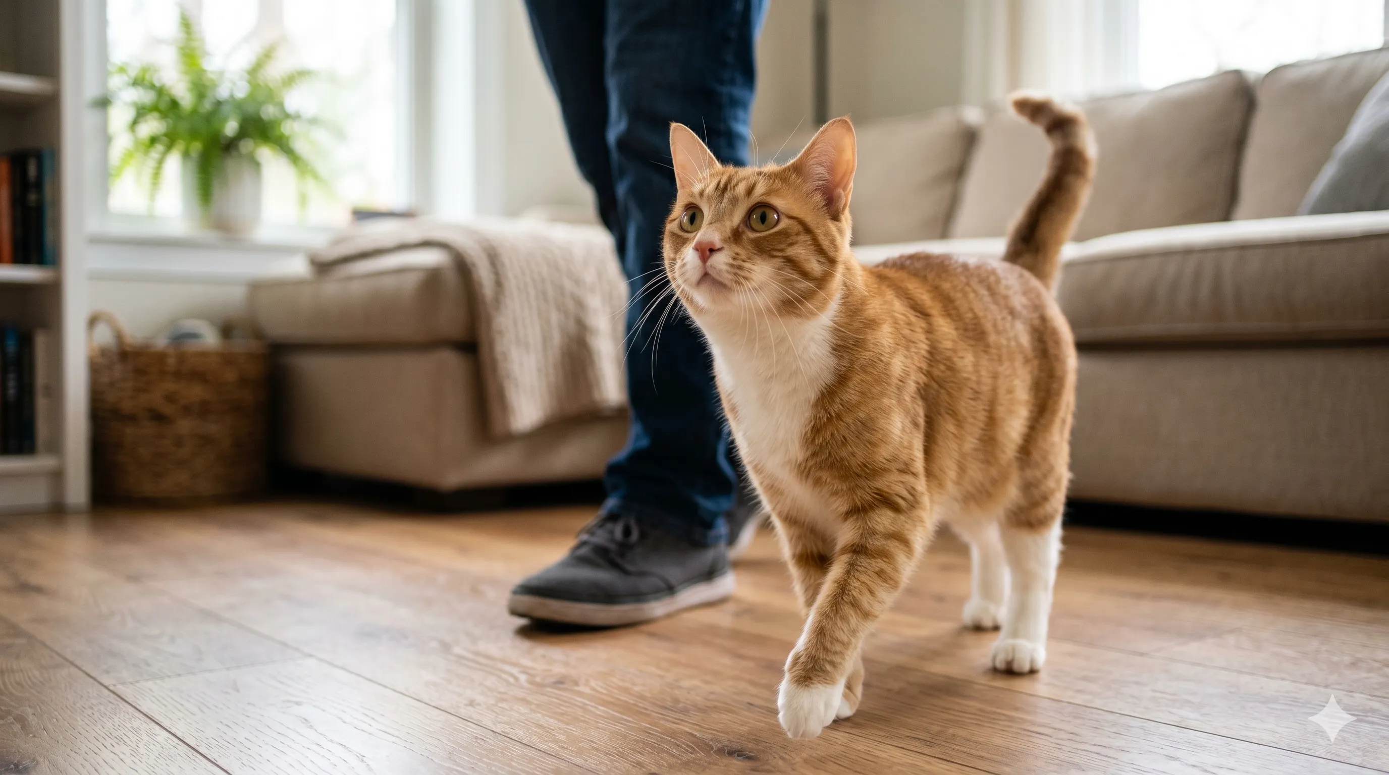 Close-up of cat attentively watching and following its owner