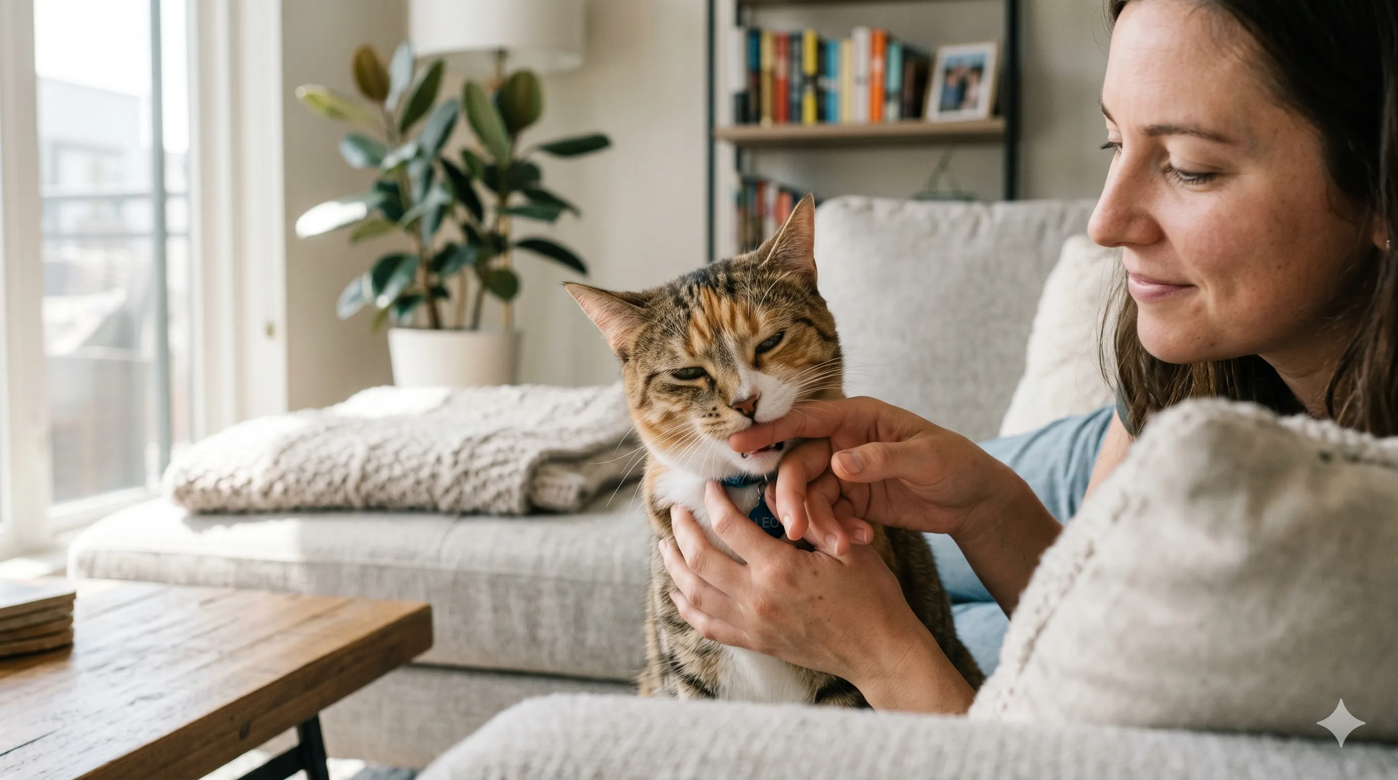 Cat gently biting owner's hand showing playful or affectionate behavior