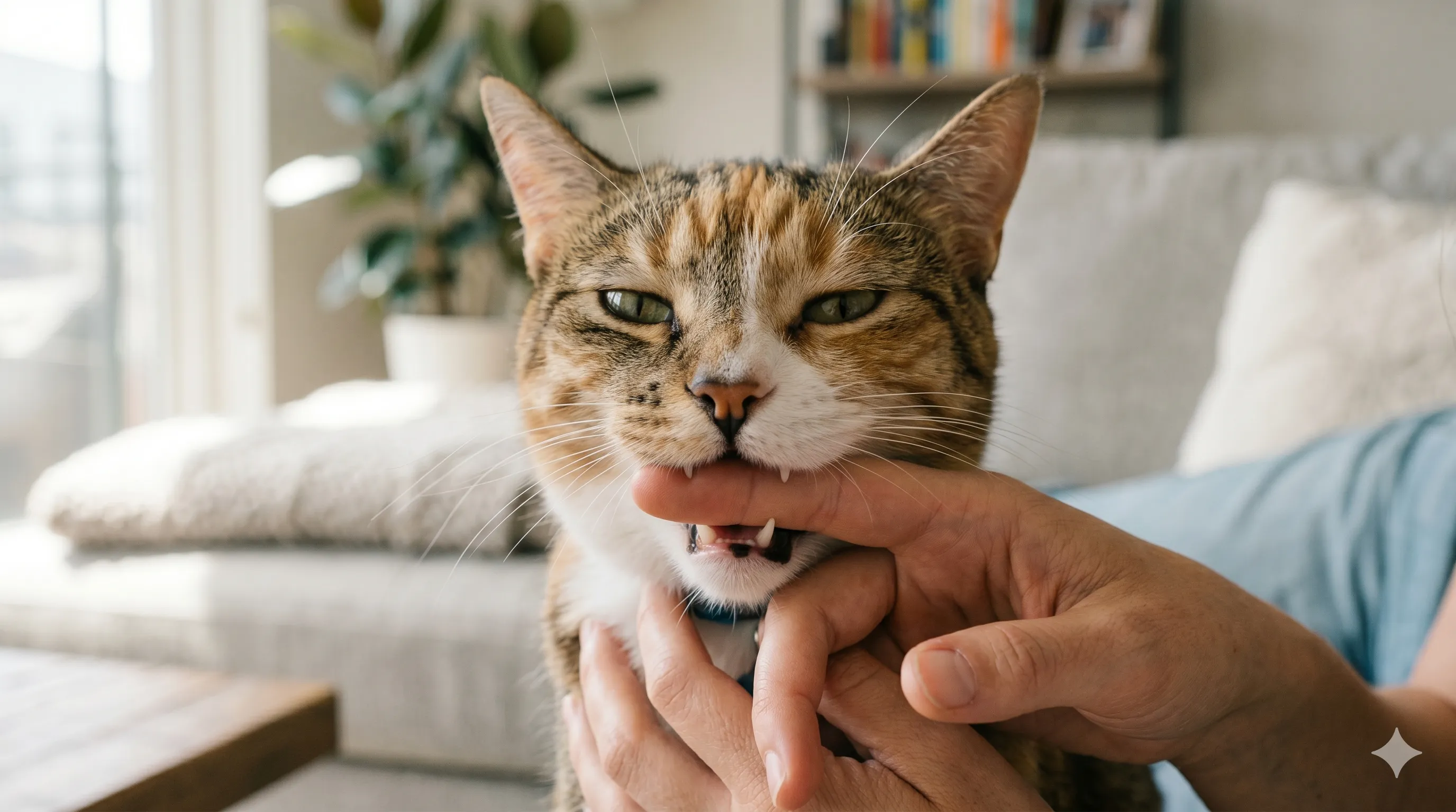 Close-up of cat gently biting hand with playful expression