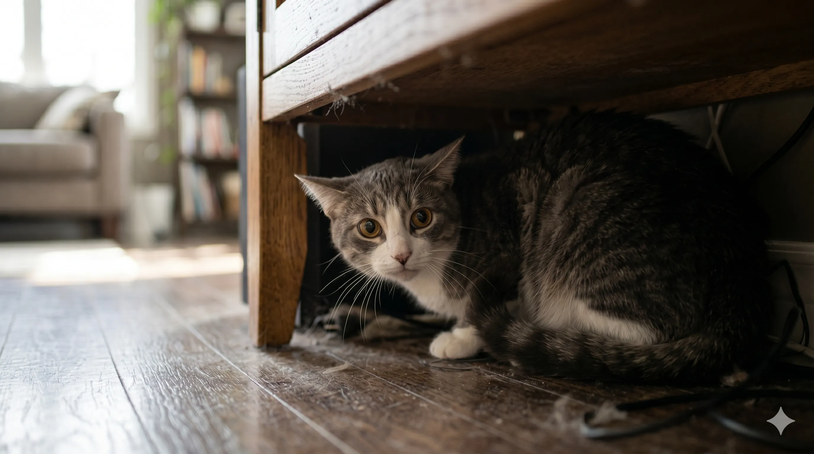 Close-up of cat hiding with cautious eyes and tense posture