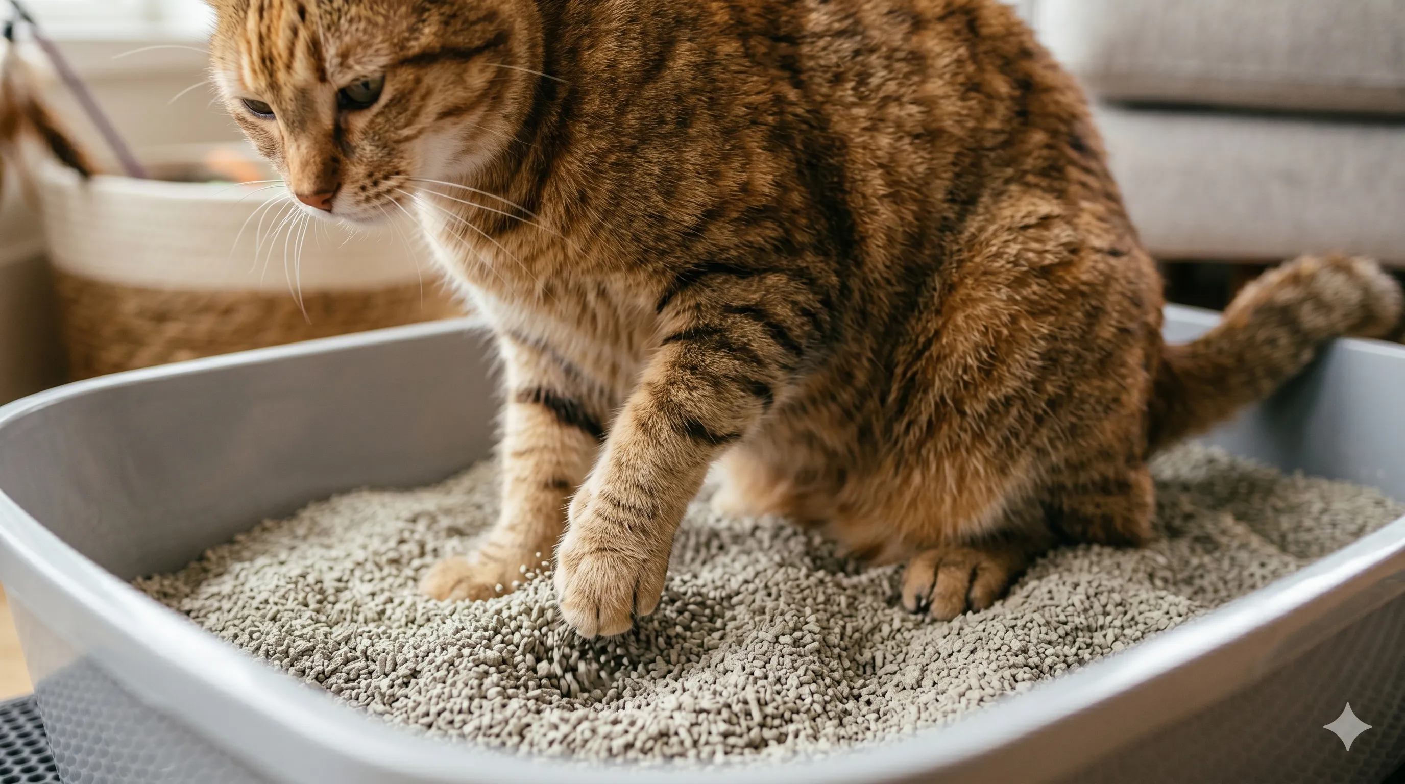 Close-up of cat using litter box with proper posture and behavior