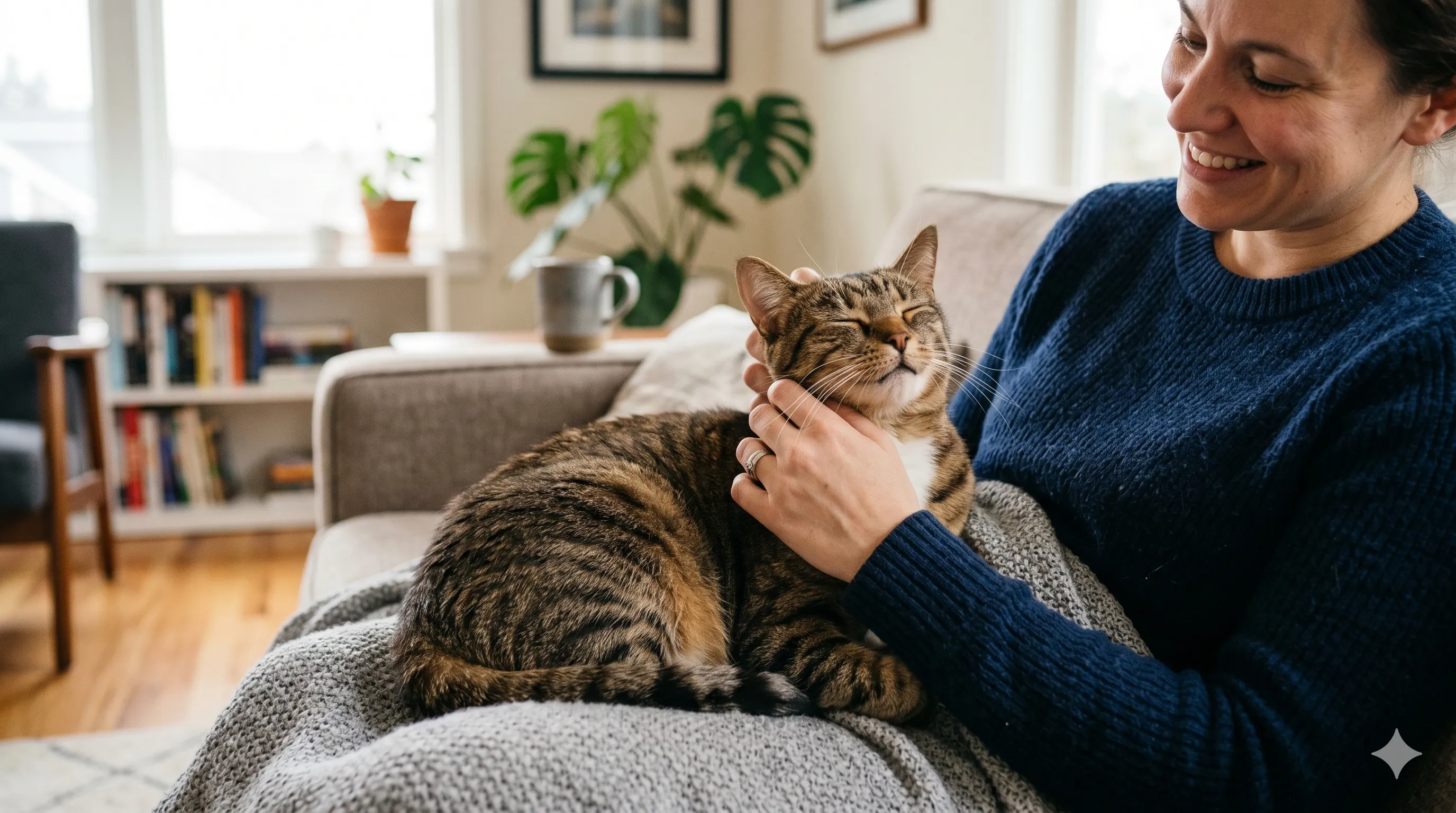 Cat purring loudly while sitting with owner showing comfort and communication