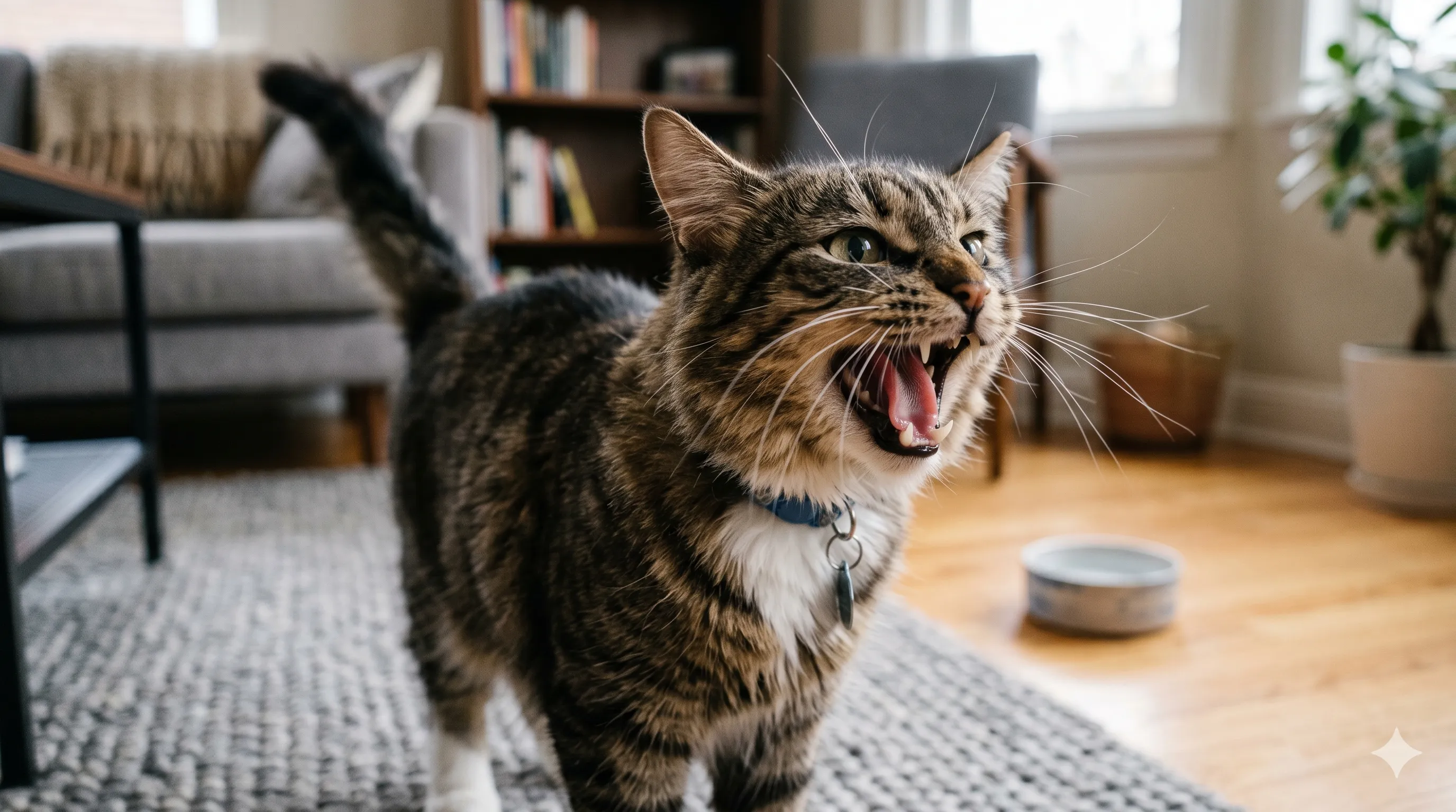 Close-up of cat meowing with open mouth and expressive face