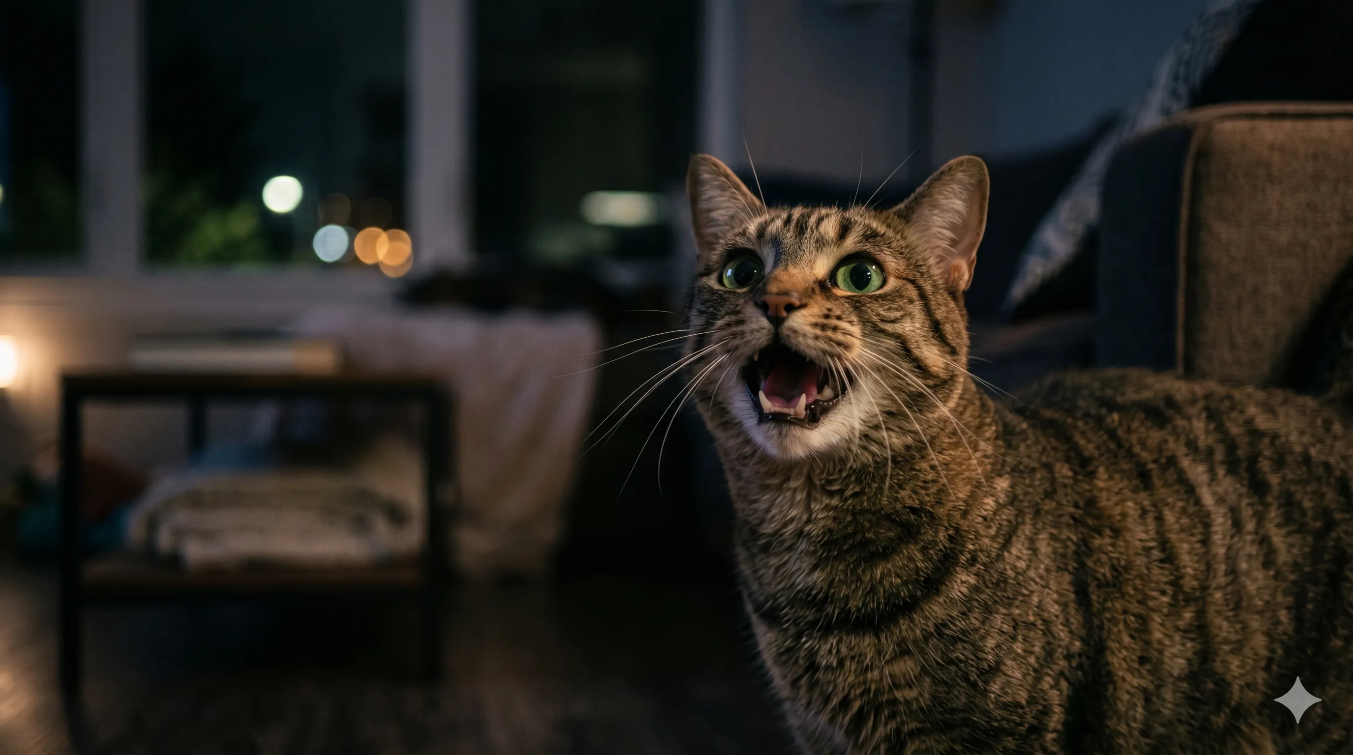 Close-up of cat meowing at night with alert expression