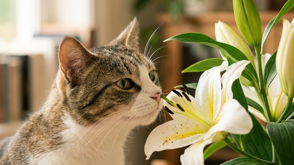 cat-near-toxic-lily-plant-image-1 Cat sitting close to a lily plant which is highly toxic to cats