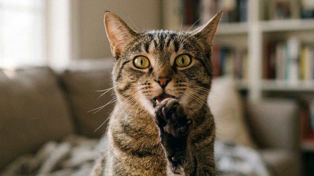 Cat pawing frantically at its mouth showing signs of choking distress
