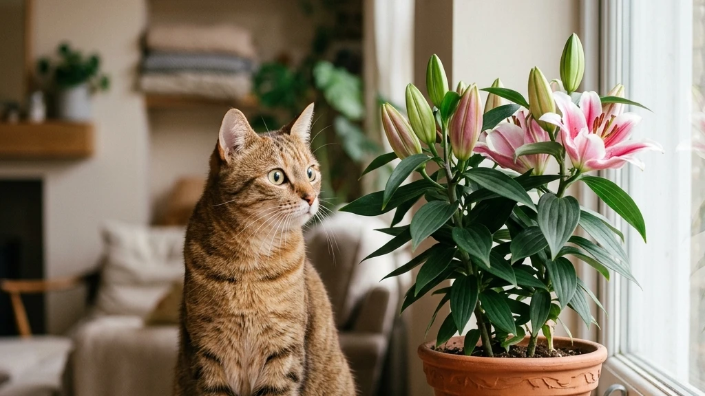 Cat sitting near a lily plant illustrating a common household poisoning hazard