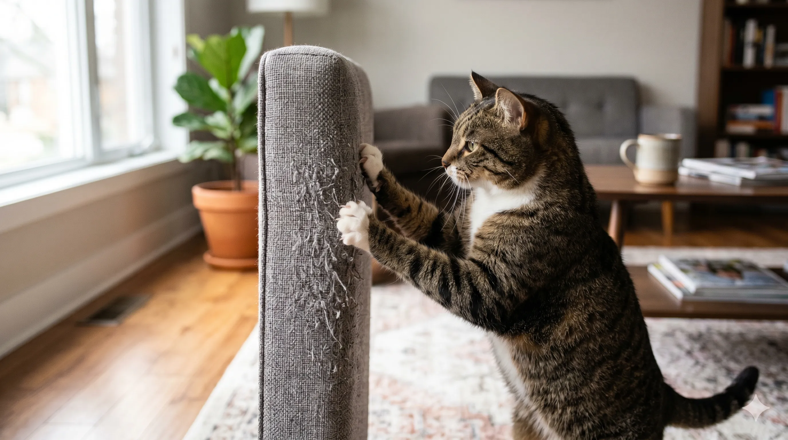 Cat scratching furniture at home showing natural behavior and potential damage