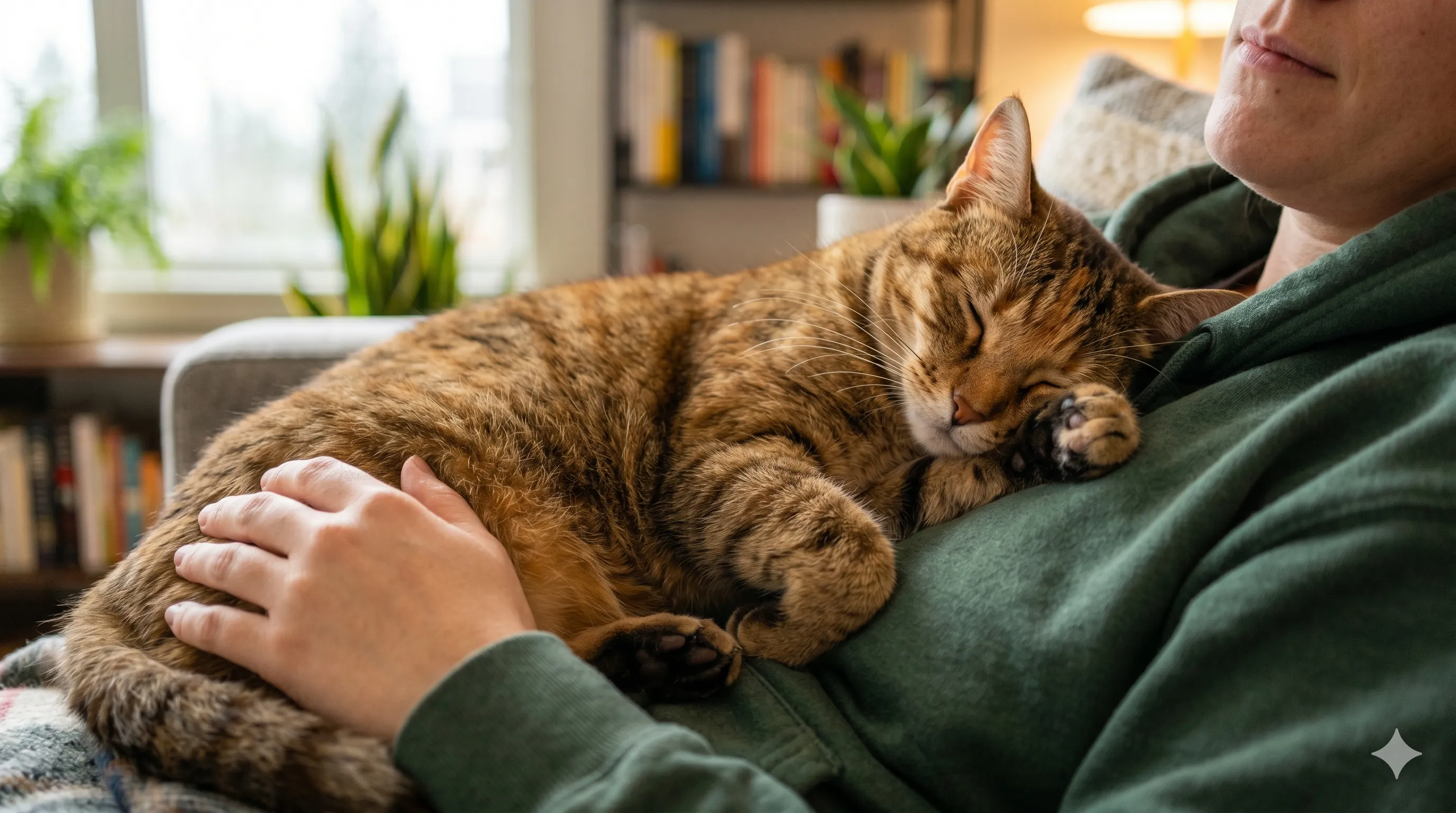 Close-up of cat peacefully sleeping on owner with relaxed expression