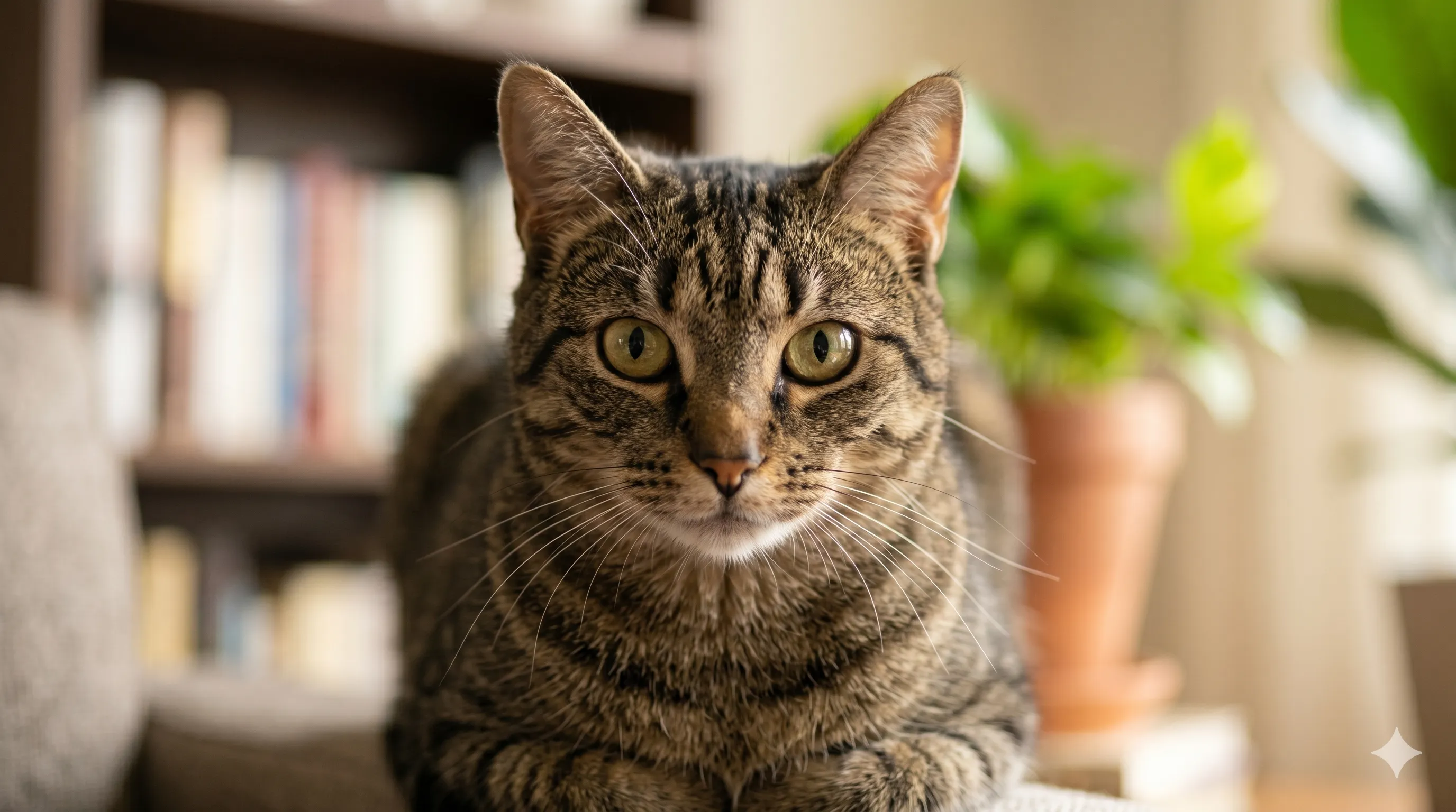 Close-up of cat staring with focused eyes and attentive expression