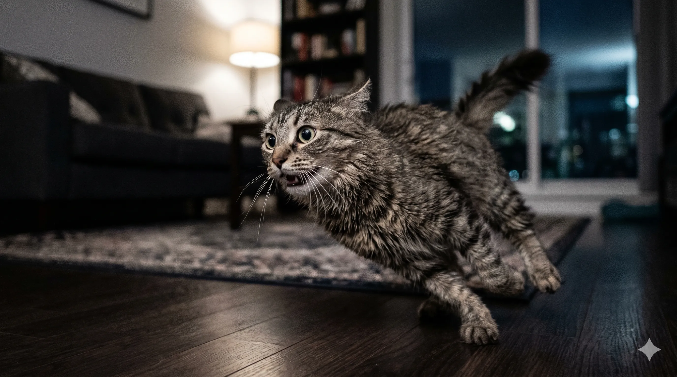 Close-up of cat in motion during zoomies with energetic posture