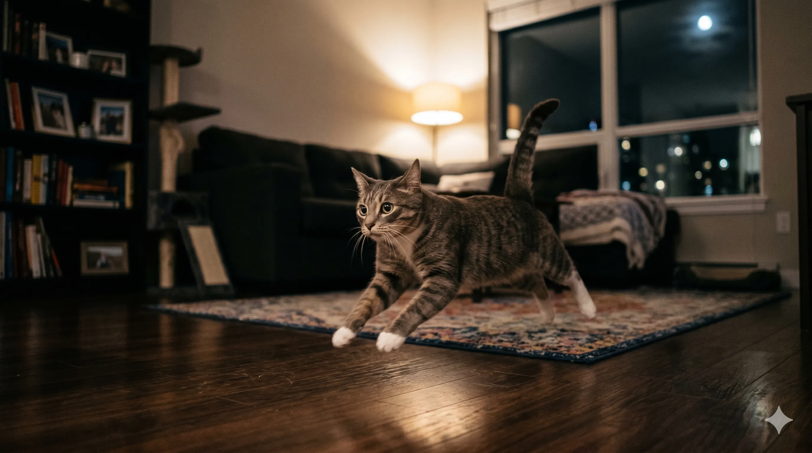 Cat running around the house at night showing zoomies and sudden bursts of energy