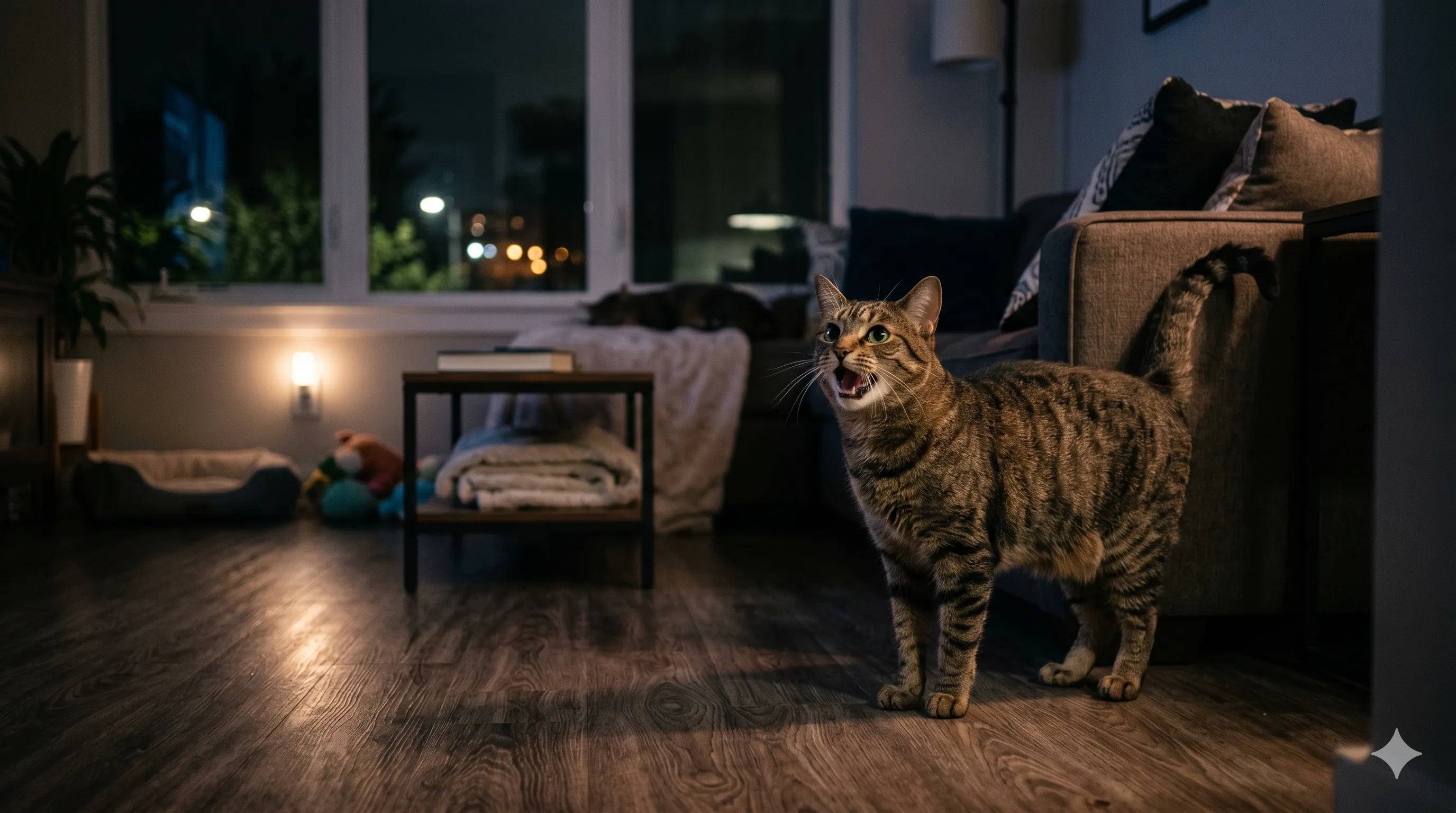 Cat meowing at night indoors showing nighttime behavior and communication