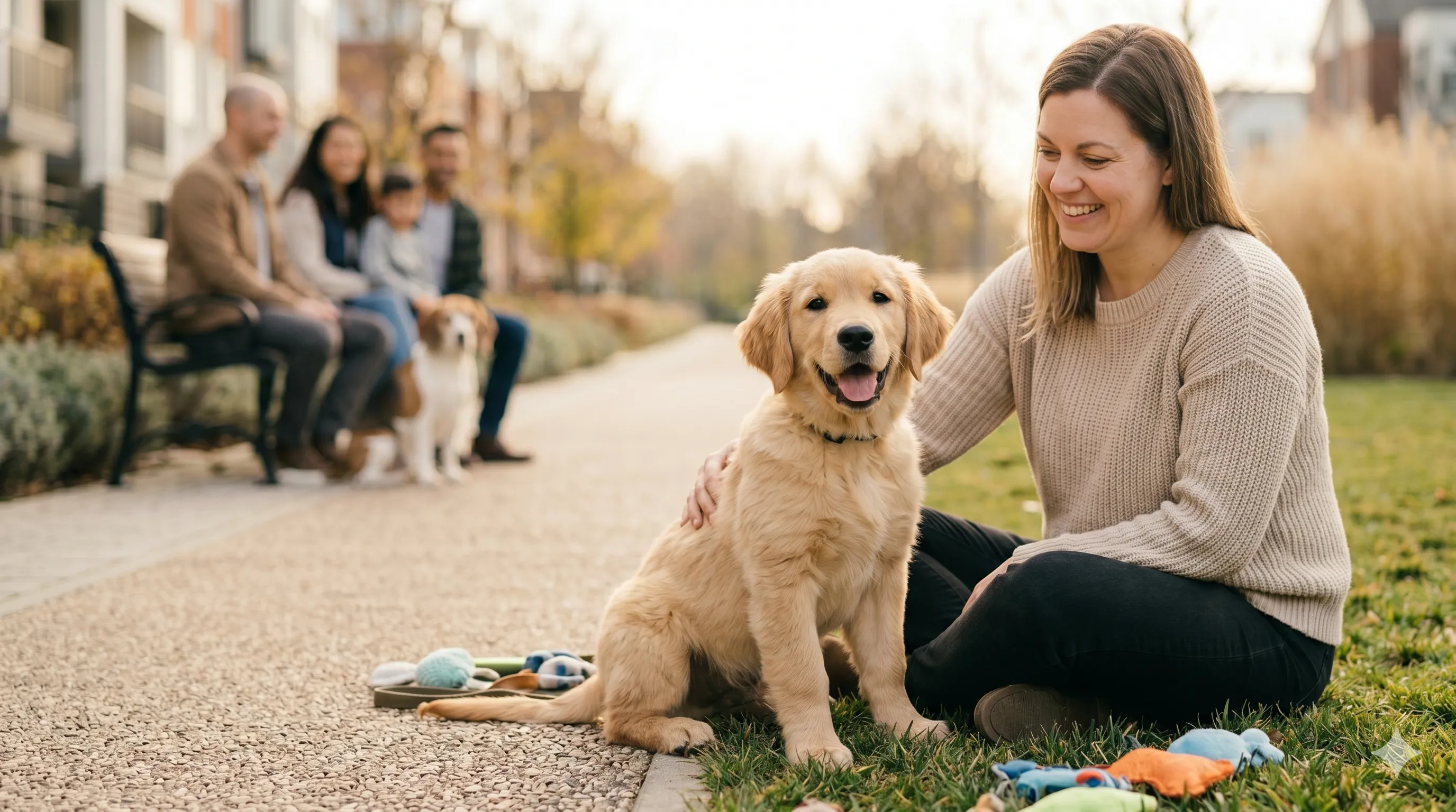 Confident and friendly puppy interacting calmly with people and other dogs