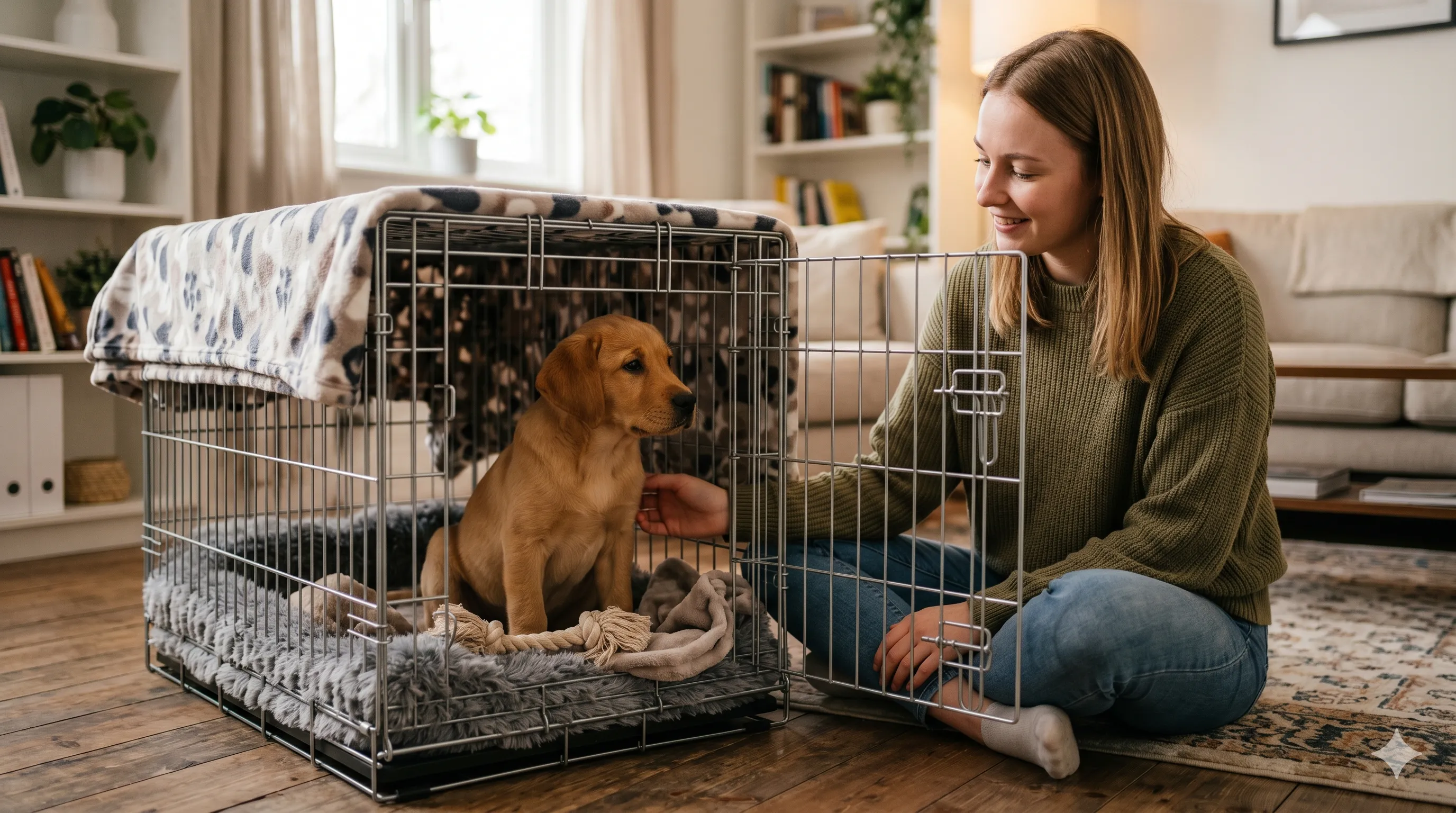 Crate training a puppy at home in a calm and stress-free environment