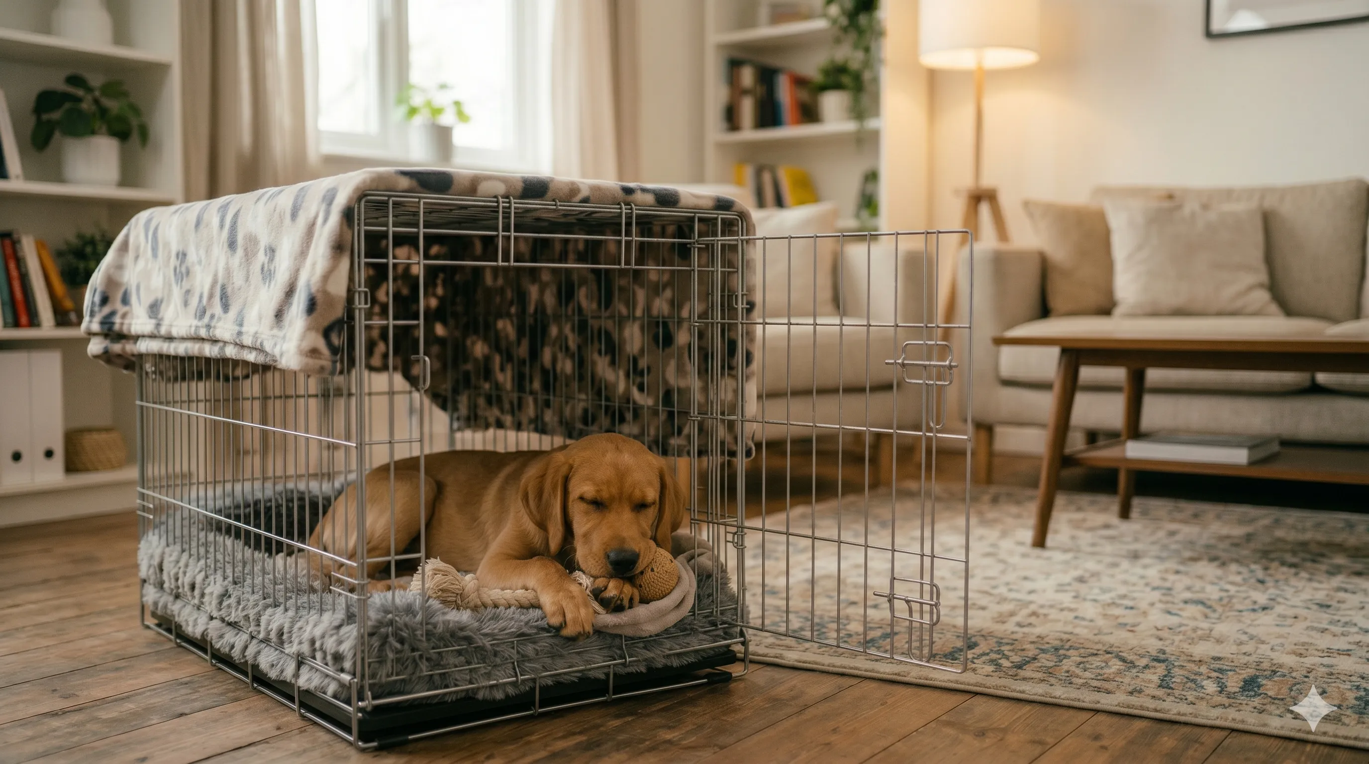 Puppy resting calmly inside crate after successful training