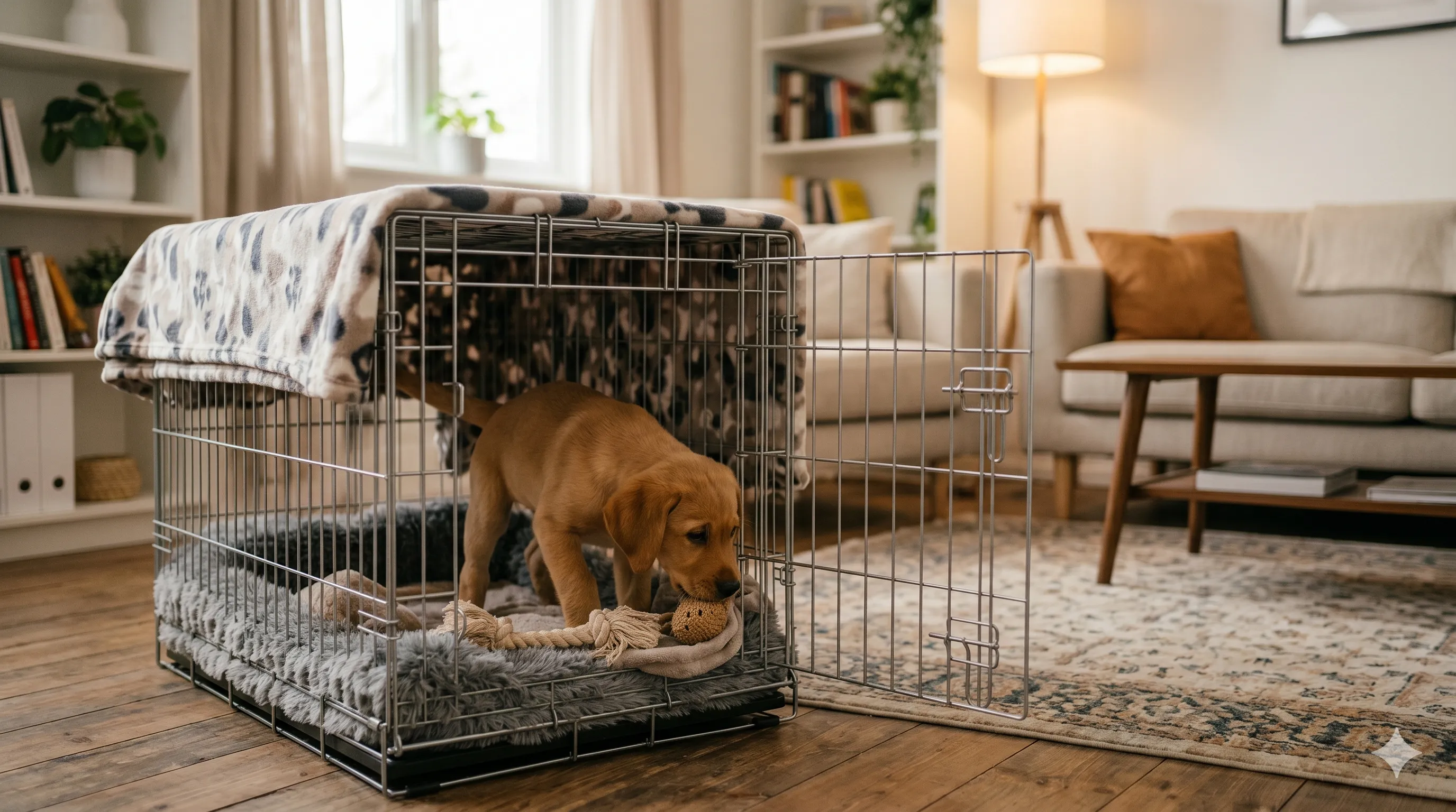 Puppy showing hesitation or anxiety near crate during training