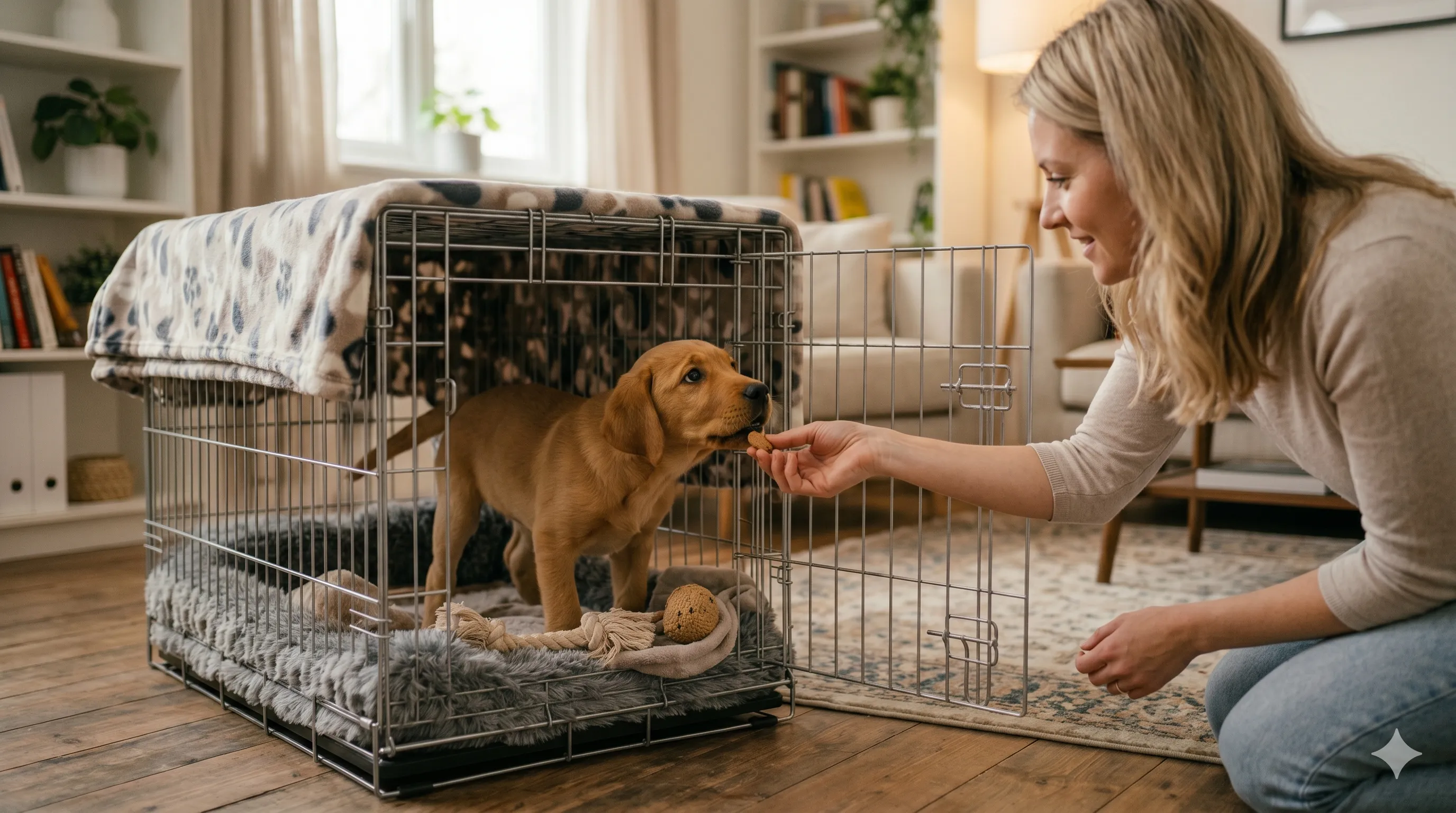 Pet owner using treats to train puppy to enter crate