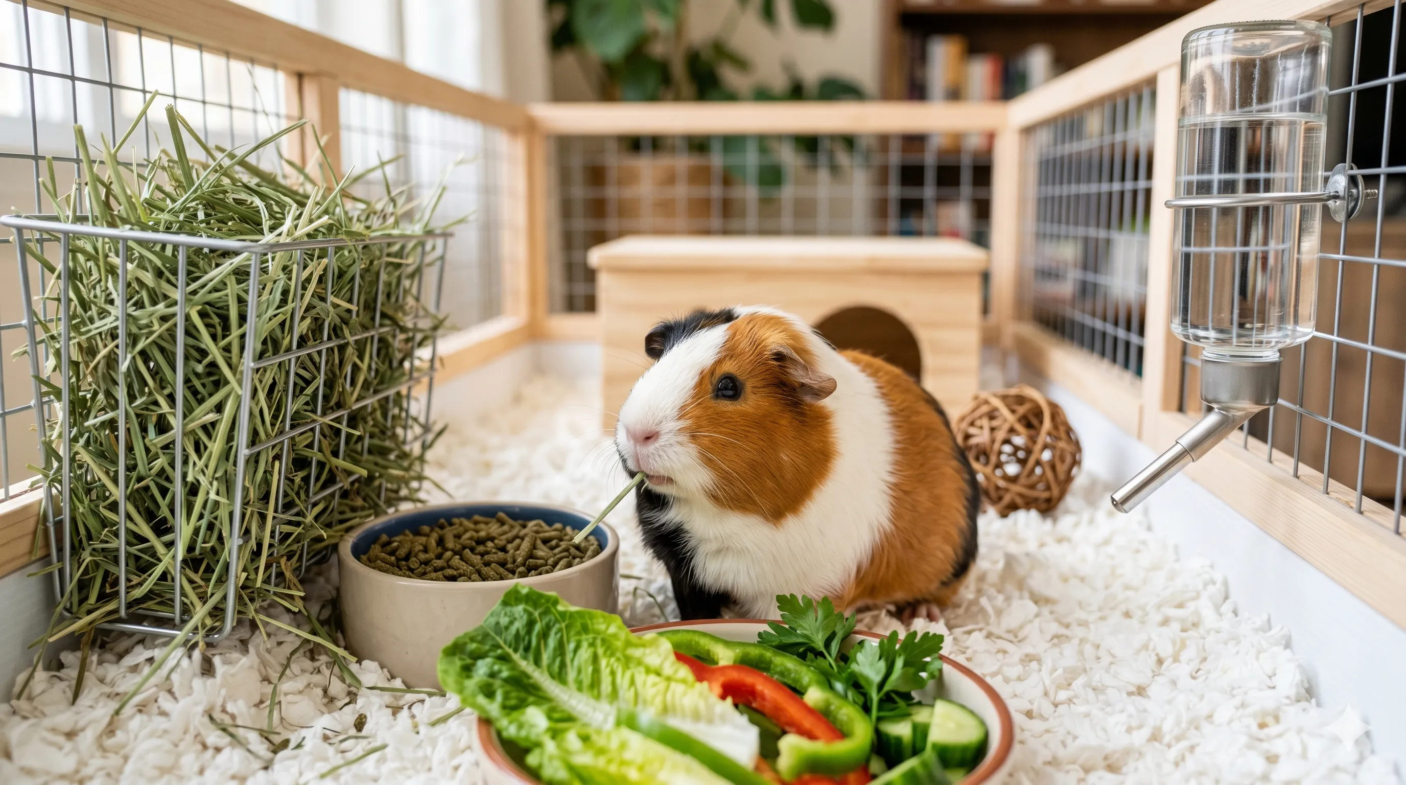 Close-up of healthy guinea pig with hay water and proper daily care essentials
