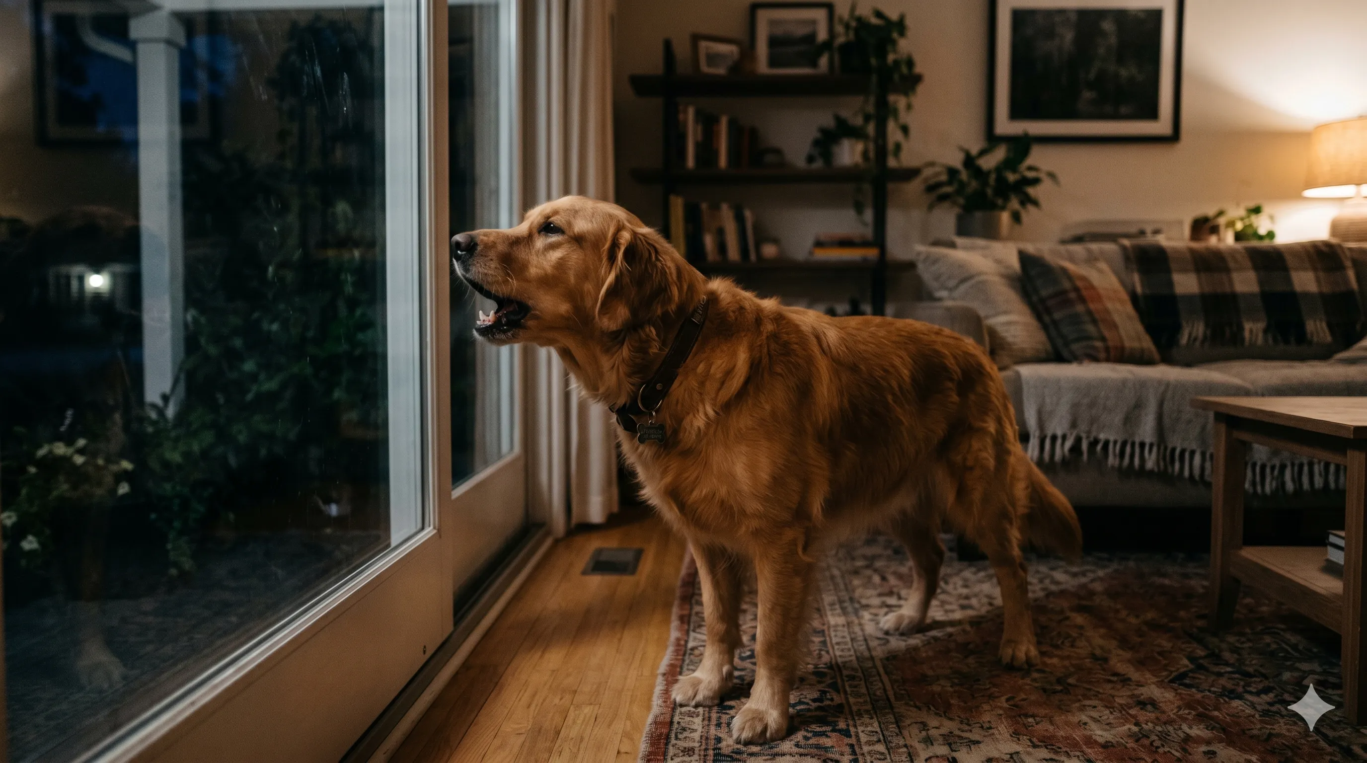 Dog barking at night indoors showing alert or anxious nighttime behavior